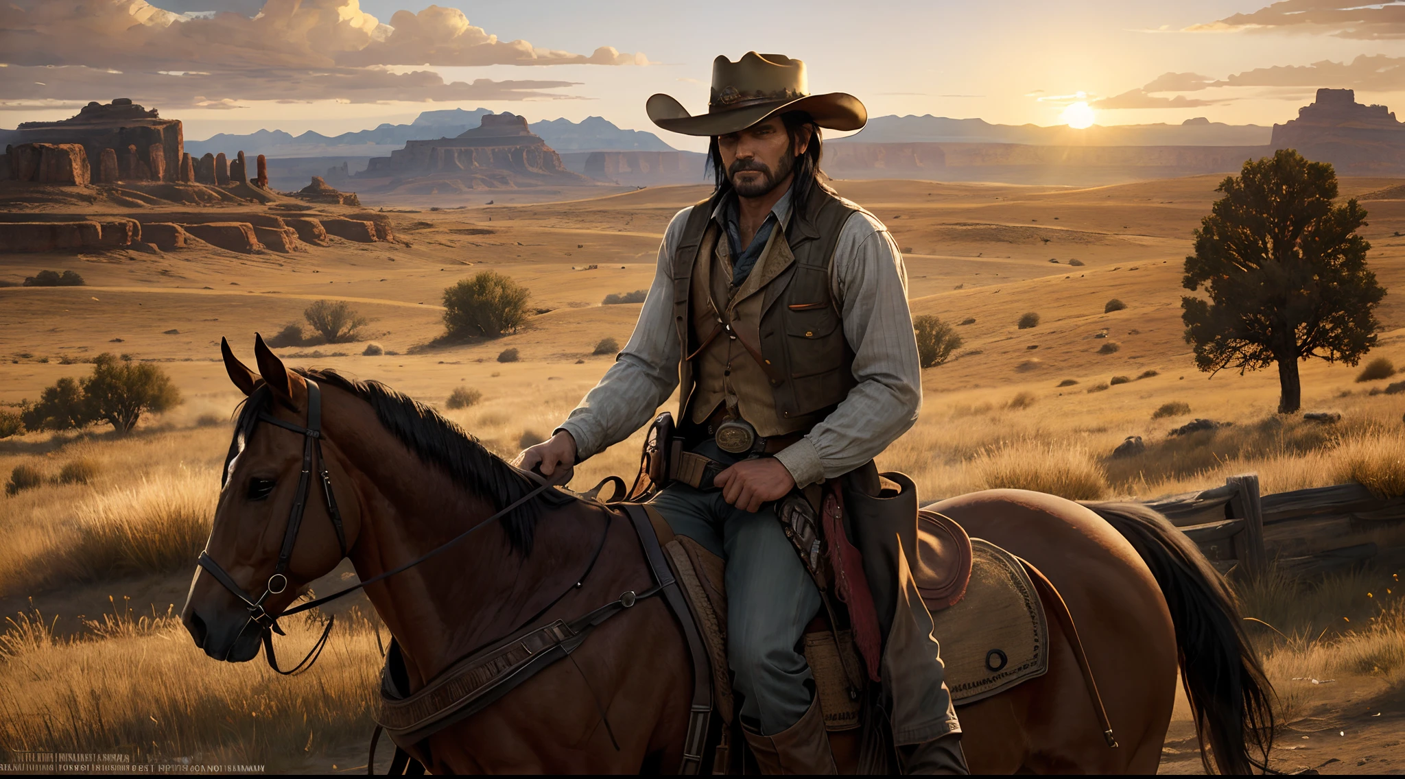 A cowboy who remembers John Marston from the game Red Dead Redemption is riding his horse in a beautiful western setting, Golden Hour, Sunset, Wide angle camera, dynamic composition, intricate details, ultra definition, ultra resolution, masterpiece, Captured by Panavision Panaflex Platinum Camera with Panavision Primo Primes Spherical Lens 50mm T1.9, depth of field, Cinematic Lighting, Western environment