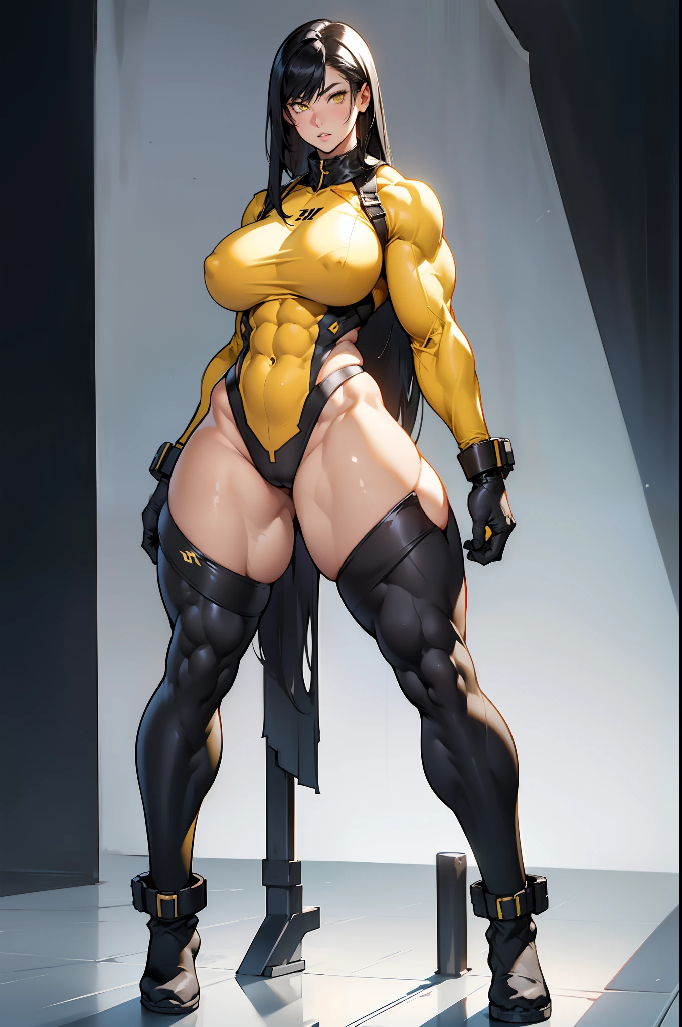 (((((1 girl))))), black hair, yellow eyes, very long hair, ((((((muscular)))))), tall, pale skin, bodysuit, ((full body)), (solo), (curvy), ((((thick thighs)))), ((((huge breasts)))), thin waist, (standing), (gradient background), (wide hips)