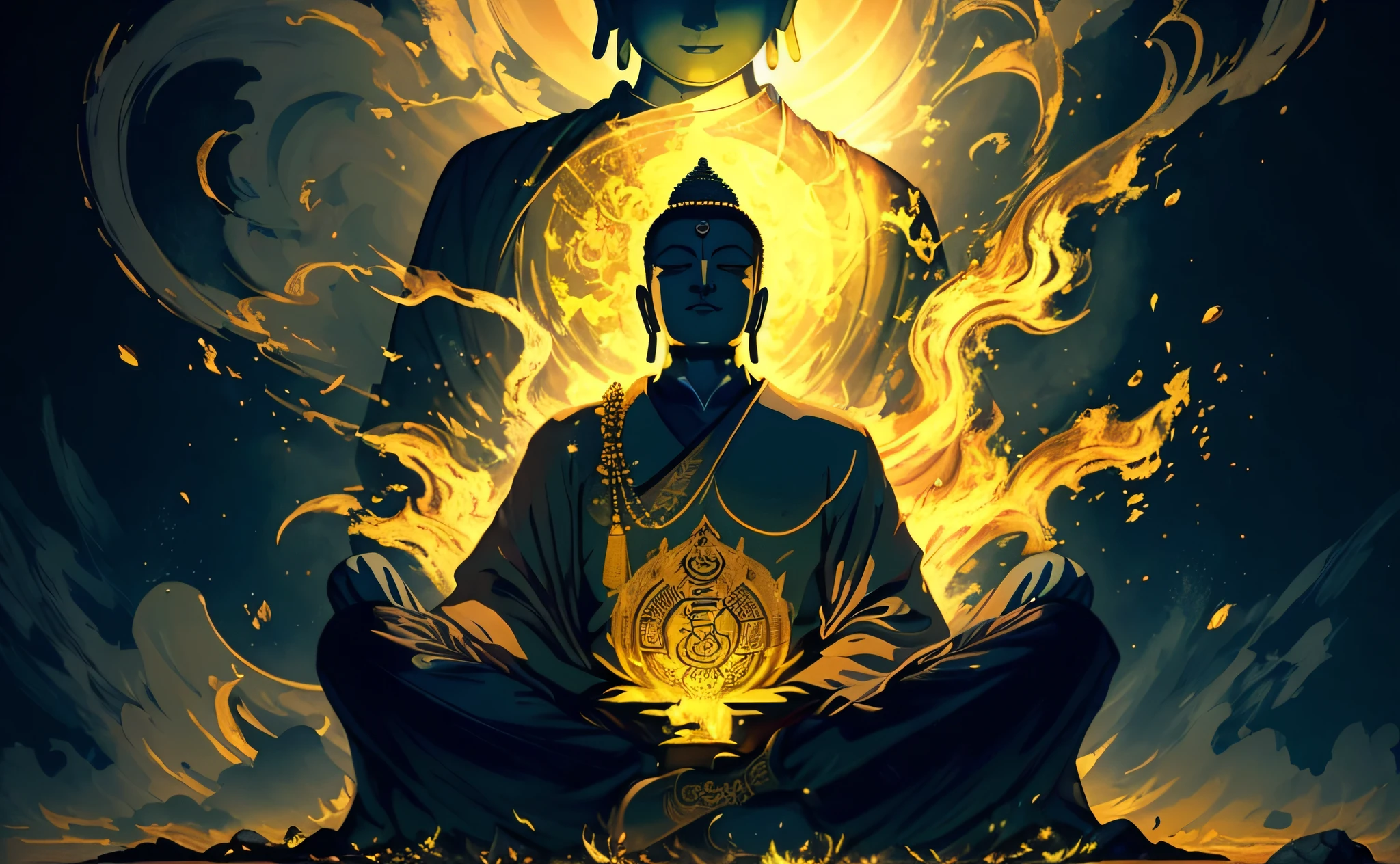 Buddha sitting in lotus position with fire coming out of his chest, zen méditation cyberpunk, budismo, Dan Mumford e Alex Grey Estilo, Cyril Rolando e Goro Fujita, Uplighting. intrincado, O Buda, Uplighting, Samsara, monge meditar, Jen Bartel, arte conceitual de um monge, flutuando em um poderoso estado zen, Martin then, budista