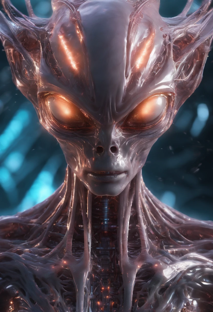 fantchar, a translucent ethereal alien with delicate features in a science fiction setting, brilhando por dentro, Sparks and lights, luar, lua, Close-up, Realistic, altamente detalhado, intrincado