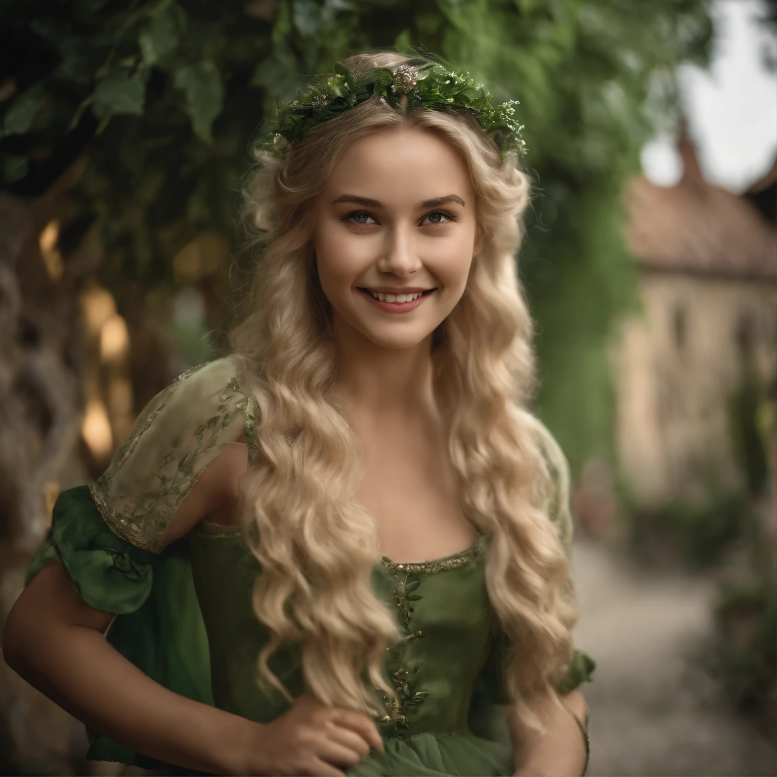 top-quality, masterpiece, ultra-detailliert, Girl Like an Elf, 独奏, cute little, a smile, Wearing hair ornaments, blonde hair, Green clothing, Being in a European village