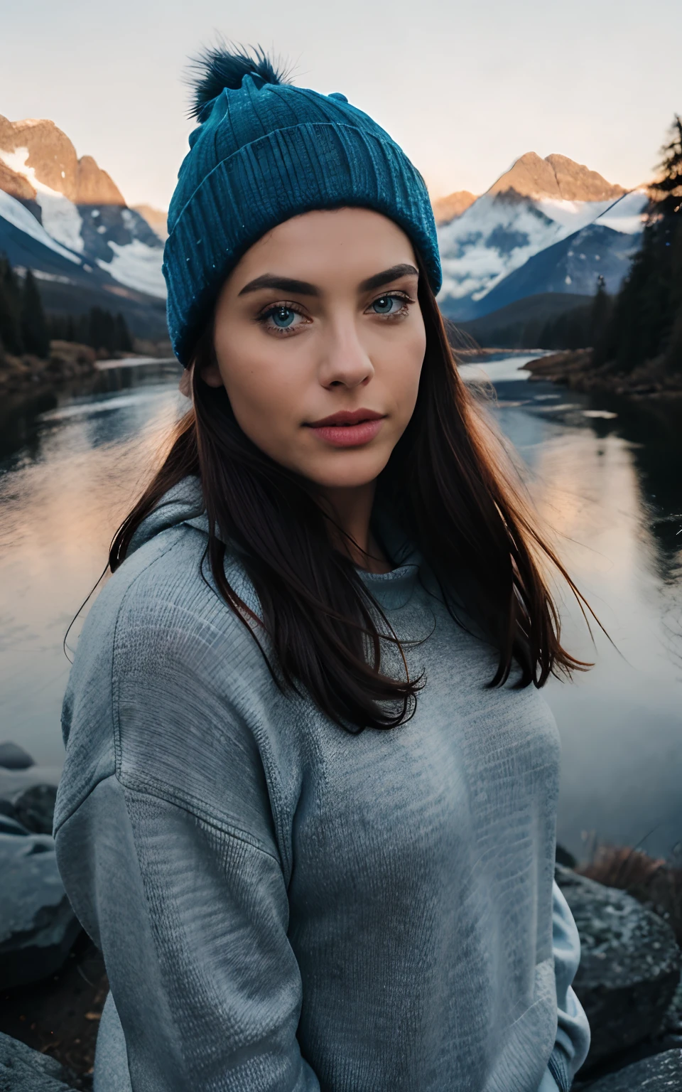photorealistic, best quality, blue eyes,hyper detailed, beautiful woman, selfie photo, upper body, solo, wearing pullover, outdoors, (night), mountains, real life nature, stars, moon, (cheerful, happy), sleeping bag, gloves, sweater, beanie, flashlight, forest, rocks, river, wood, smoke, fog, clear sky, analog style, looking at viewer, skin texture, film grain, close up, ultra high res, best shadow, RAW, instagram LUT