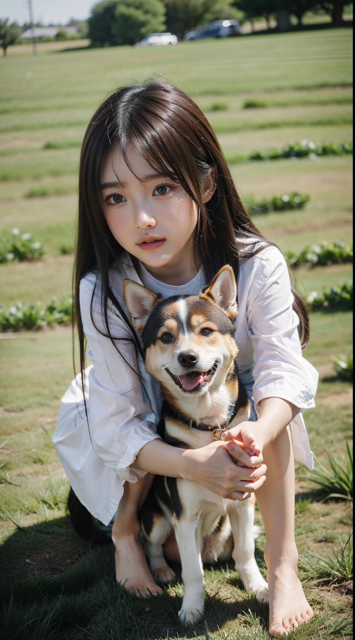 A playing with a dog on the grass、A Shiba Inu,eine Katze,Cute little girlields,early evening、,Photorealsitic,the detail,Good quality,tmasterpiece,(Photorealsitic:1.4),reality,offcial art,8K quality,Super detail,fine detail skin,Movie Angle,cinematic textures,Movie lighting,Masterpiece,Best picture quality
