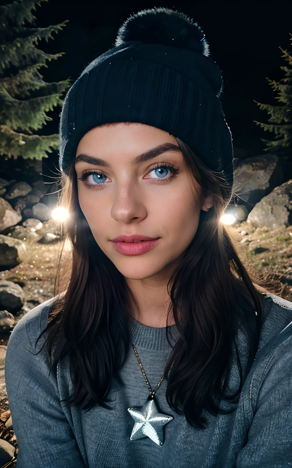 photorealistic, best quality, blue eyes,hyper detailed, beautiful woman, selfie photo, upper body, solo, wearing pullover, outdoors, (night), mountains, real life nature, stars, moon, (cheerful, happy), sleeping bag, gloves, sweater, beanie, flashlight, forest, rocks, river, wood, smoke, fog, clear sky, analog style, looking at viewer, skin texture, film grain, close up, ultra high res, best shadow, RAW, instagram LUT