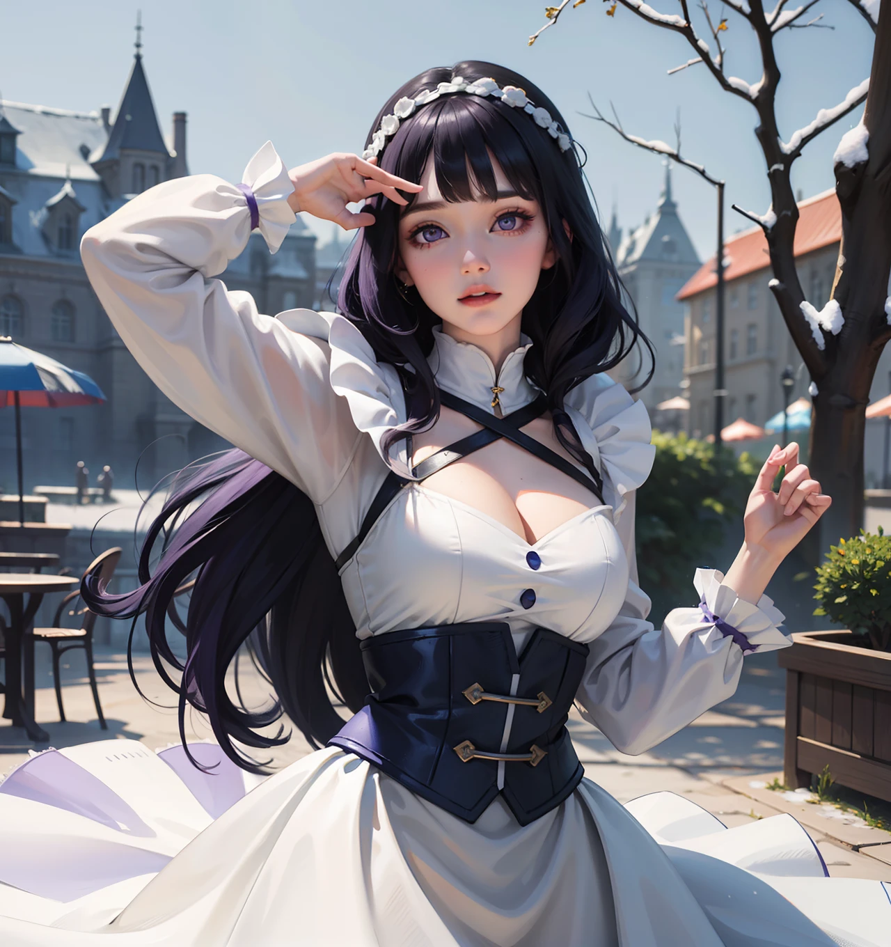 masterpiece, snow white ,(1girl:1.1), (extremely detailed:1.2), super hd, 8k, (intrincate details:0.8), hyper realistic, professional photo, exceptional, Blunt Bangs, purple eyes, long curly dark blue hair