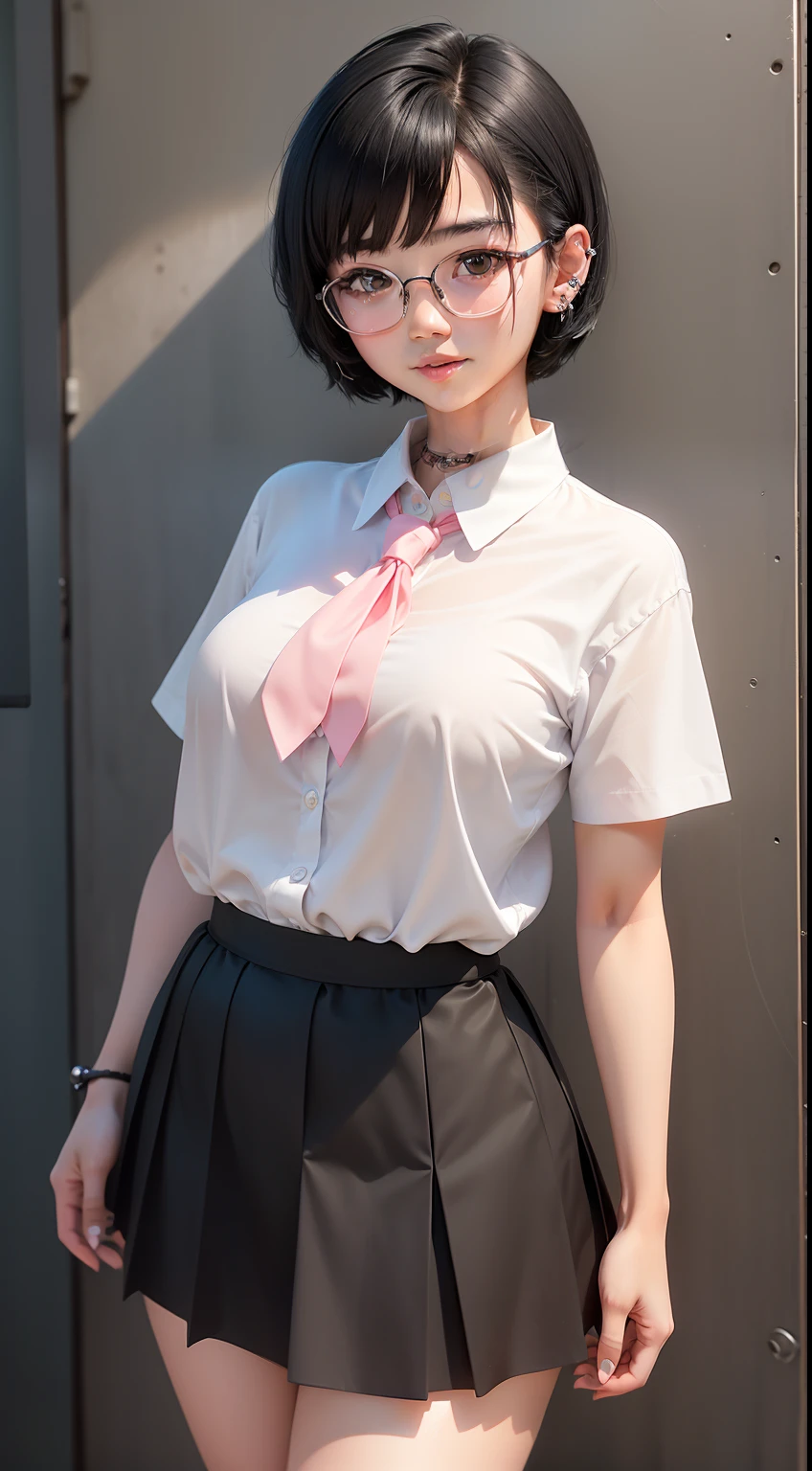 18 year old japanese girl, standing pose, looking straight at the camara, smiling, standing on a clear blue beach (top quality: 1.4),(masterpiece: 1.3),(Sharp focus:1.2), (Photorealsitic:1.4),(Short shiny black hair, wearing piercings, in perfect style:1.4),(Double eyelid eyes, gentle sharp eyes, wearing glasses, white round glasses looks like a student:1.2 ), Shining face, full body photo, (white skin, pink lips: 1.3), short sleeve silk shirt, big bust, closed top, school uniform skirt, 4k photo