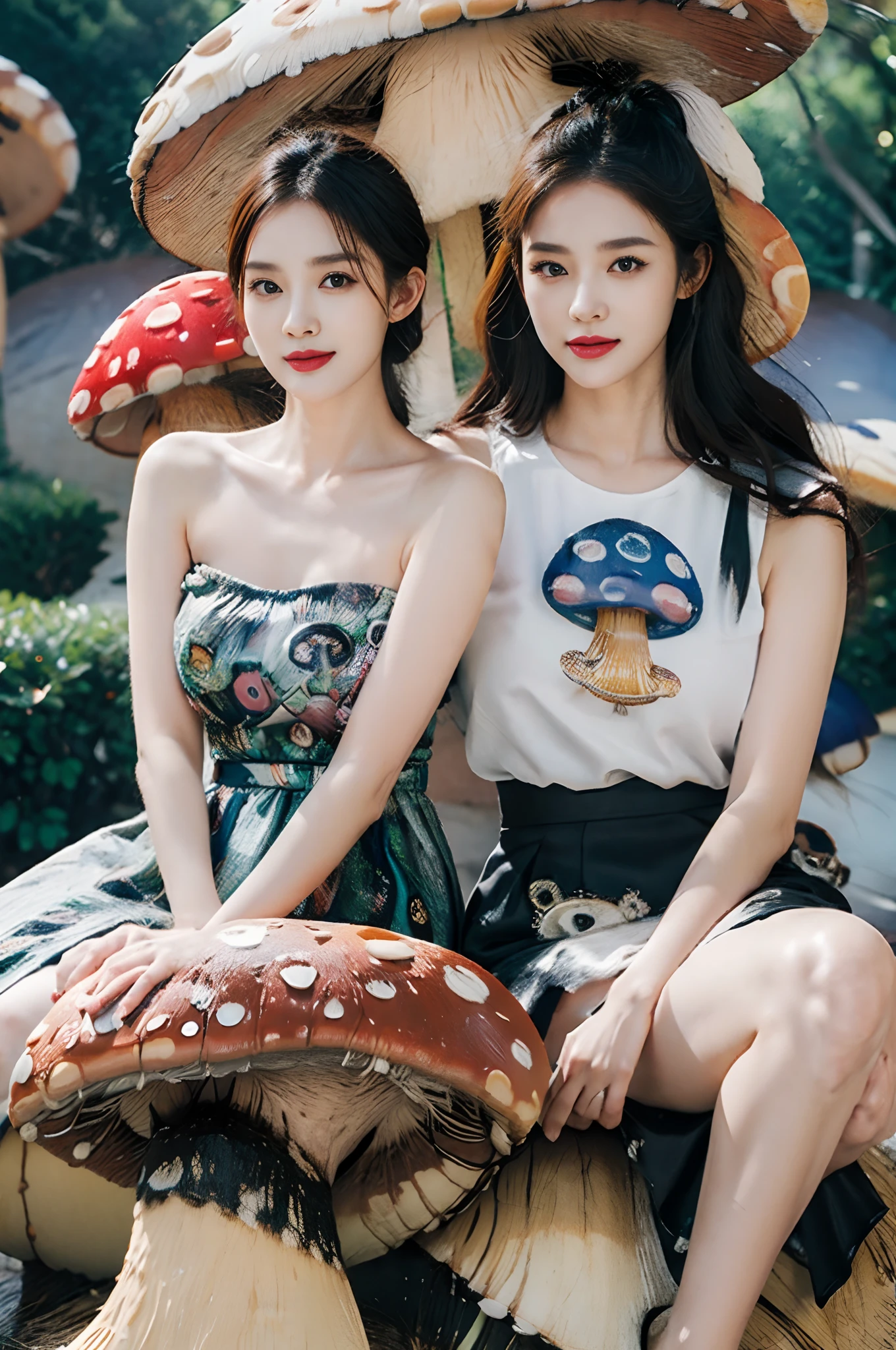 Smiling,Face focus,(alebrijes art style), （a couple of lesbians:1.4) sitting together on a (giant mushroom:1.4),fantastical world,fantasy,lewd,leering:1.3,Masterpiece, Best quality, intricately details, absurderes,,(ulzzang-6500-v1.1,pureeroface_v1,octane rendering)