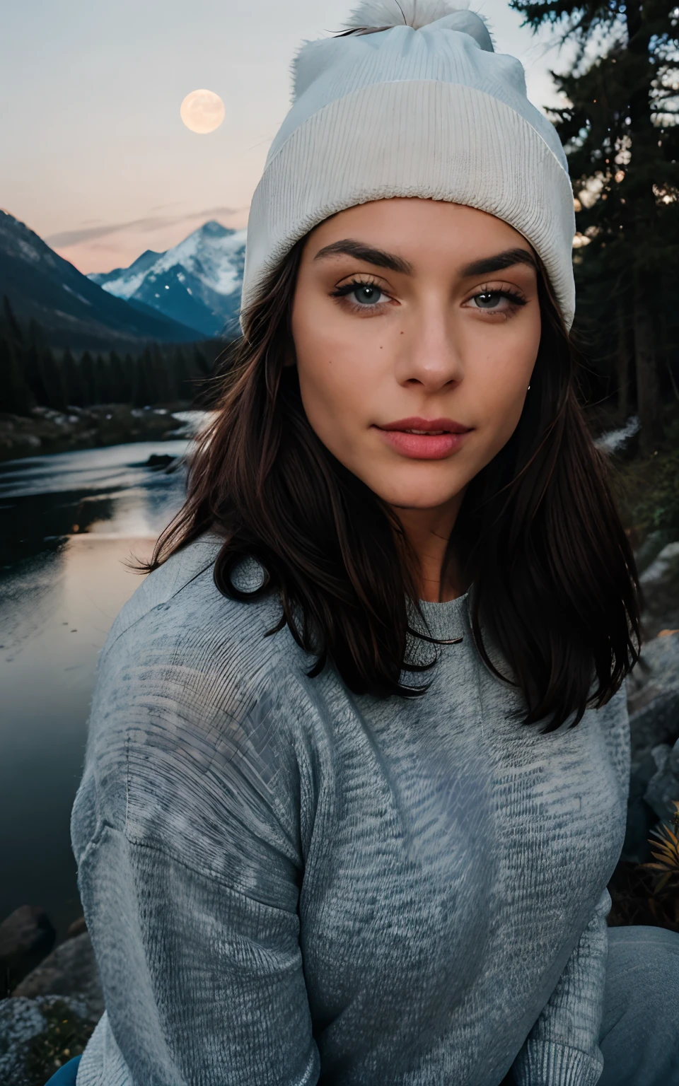 photorealistic, best quality, blue eyes,hyper detailed, beautiful woman, selfie photo, upper body, solo, wearing pullover, outdoors, (night), mountains, real life nature, stars, moon, (cheerful, happy), sleeping bag, gloves, sweater, beanie, flashlight, forest, rocks, river, wood, smoke, fog, clear sky, analog style, looking at viewer, skin texture, film grain, close up, ultra high res, best shadow, RAW, instagram LUT