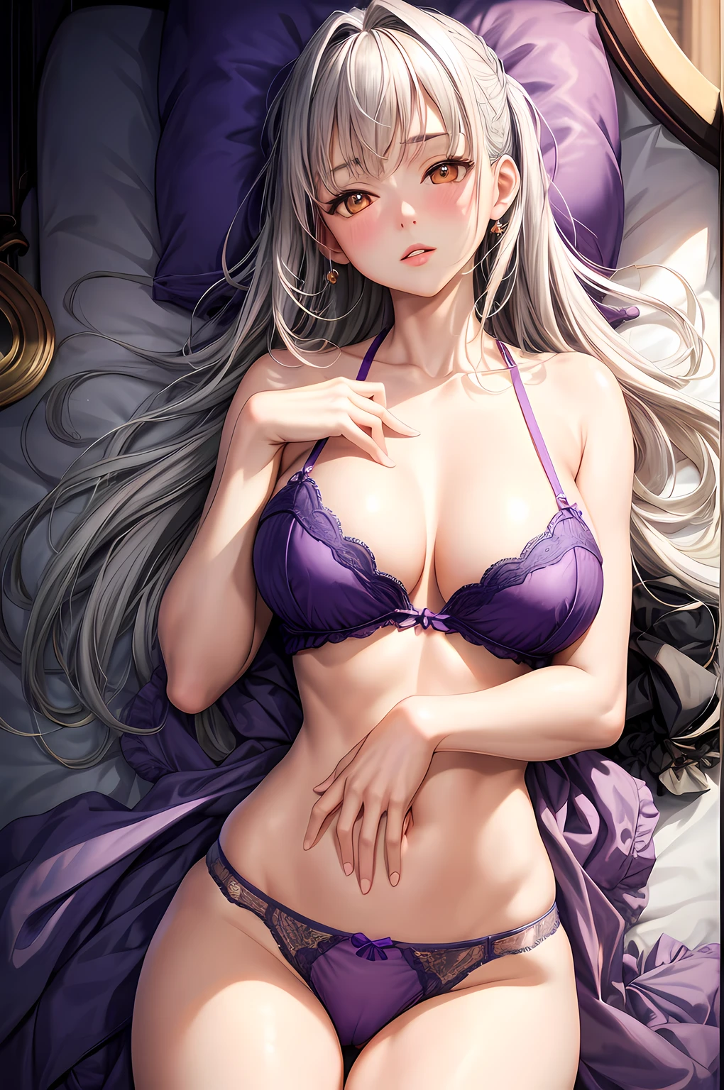 masterpiece, best quality, bedroom, 1 girl, gray hair, (orange eyes), blush, cute face, on back, purple lingerie, purple panties, stomach, looking at viewer, realistic, parted lips, from above