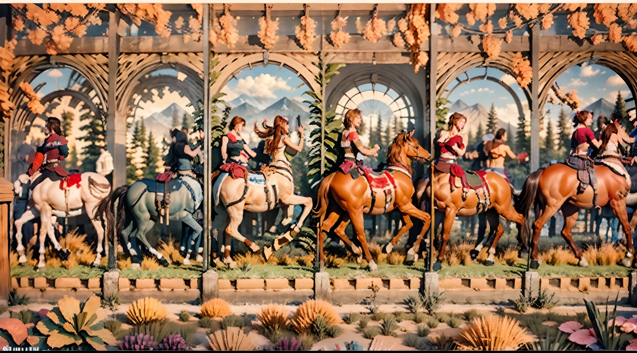 In the beautiful illustration of this super-grand scene,The ultra-distant lens shows us(Over eight separate and distinctive centaur characters:9.9),They all have their own characteristics,Vivid and interesting。Radiant from the heavens(Angelic centaurs:6.6),To nightmarish is(Centaurs surrounded by flames:6.6)、And then to the wind dancing in the air(Fairy centaurs:6.6)、And thunder and lightning surrounding(One-horned centaur:6.6),and shining metallic ones(Mechanical style centaur:6.6)、And then(A centaur with colorful dragon scales covering the whole body:6.6)The power is powerful、Elegant and agile(Elf centaur's slenderness:6.6)Gracefully wears a flower crown、Enchanting and charming(Tiflin centaurs:6.6)、Have the indescribable(Raised sexy:6.6)'s(Succubus centaurs:6.6)。Each character has their own unique charms and abilities。The illustration uses advanced artistic techniques and tools,(Divide the scene into sections by geometric arrangement:9.9),Each section corresponds to a centaur character,This makes more efficient use of space。Through Midjourney's advanced brush tools、Color palette、Material packs and model packs、Texture tools,For each centaur, beautiful props are designed to increase racial characteristics、Clothing and physical features,(Enhances the character's personality and visual appeal:2.5),The scenery in the illustrations is stunning,There are changing skies、rainbowing、extreme light、Stars and Moon。Incorporating iconic landmarks such as Mount Everest,and fireworks、tranquil lake、Natural and urban elements of waves and neon lights,Creates a magical atmosphere,The centaurs display their unique abilities and equipment in a variety of environments,This is true even in extreme alien landscapes。(Use Midjourney's tools、Material packs、Texture tools、The color palette makes depicting details vivid and realistic:9.9),From complex hairstyles and as well as different racial traits、Body、Appearance features、Clothing to real textures,This greatly enhances the realism of the cha