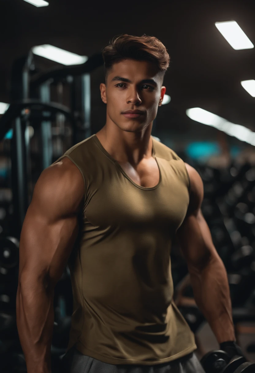 Create a profile picture of a ai avatar wearing gym fit and avatar have some muscle and the avatar place in a centre of photo full avatar converd in profile