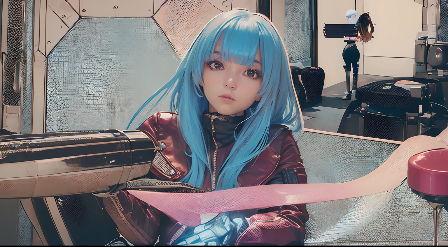 (1girl in a futuristic room:1.5), (looking at the camera:2), full body , ( Best quality, masterpiece:1.5), Beautiful face, Detailed eyes, detailed hair, light in face, long hair, ice blue color long hair, swept bangs, (the king of fighters:0.7) ,dark red tight leather jacket and pants, (capo130xx:0.5), upper half body portrait, detailed background