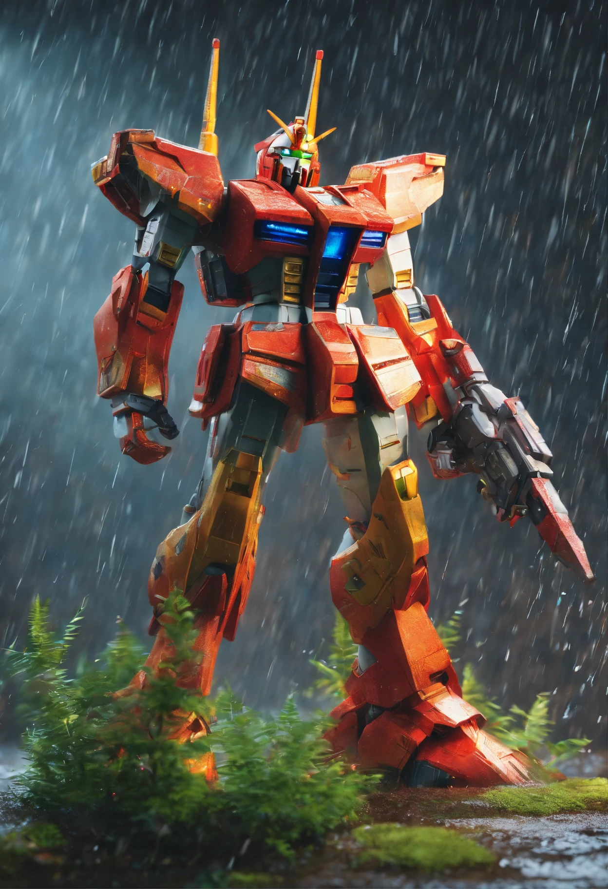 Japanese Wind Spirit Gundam，Rain scene，downpours，a plant