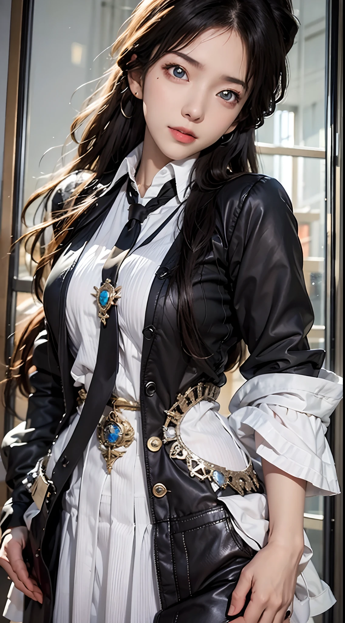 photorealistic, high resolution, soft light,1women, solo, hips up, (detailed face), jewelry, Mori Ran,(black hair, long hair, wavy hair), school uniform