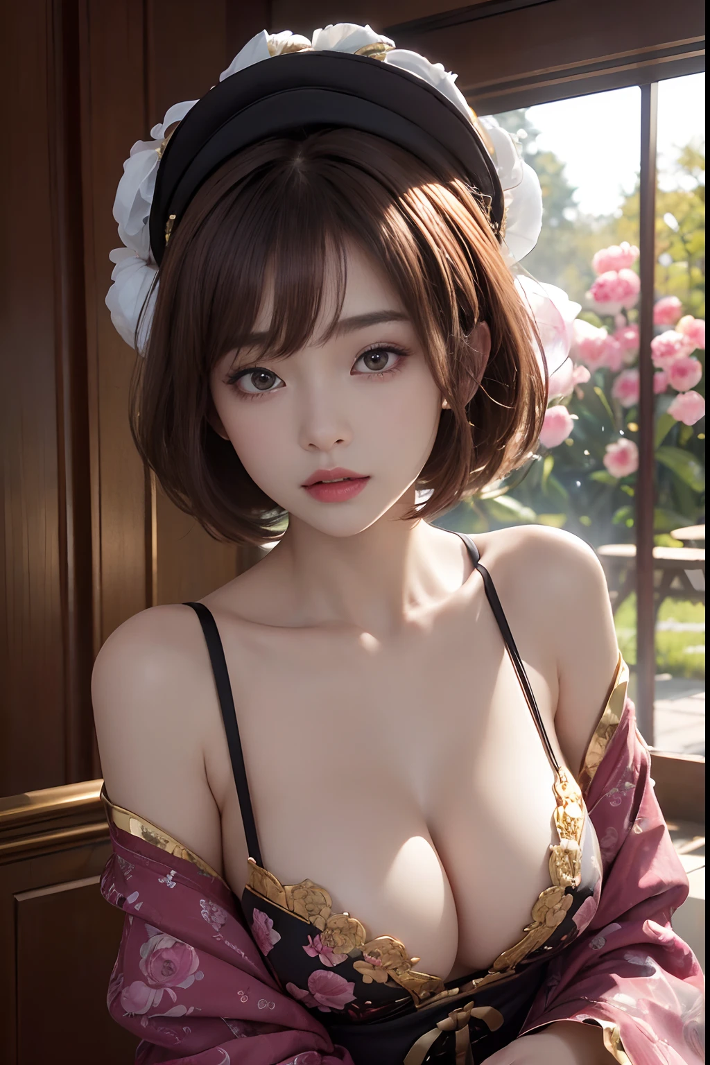 (masuter piece:1.3)、(8K、Photorealsitic、Raw photography、top-quality: 1.4)、(1girl in)、beautiful countenance、(Lifelike face)、(Peony Brown MIX Hair、short-hair:1.3)、(large boob)、Wearing a cute pom-pom hat with a pattern、(Display hats on the screen)、realisticeyes、Beautiful details、(real looking skin)、Beautiful skins、absurderes、enticing、超A high resolution、A hyper-realistic、high-detail、the golden ratio