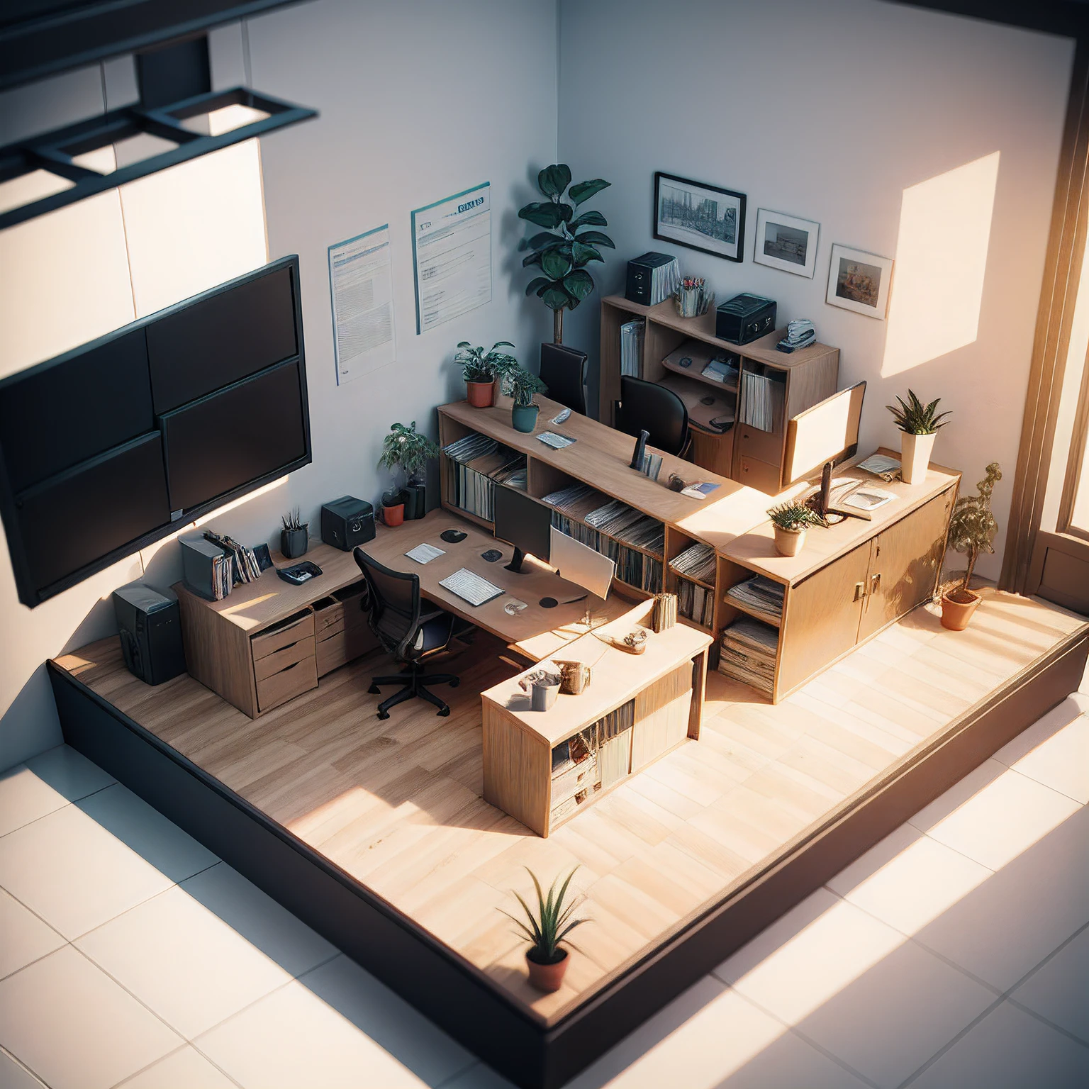 An isometric office scene with a detailed representation