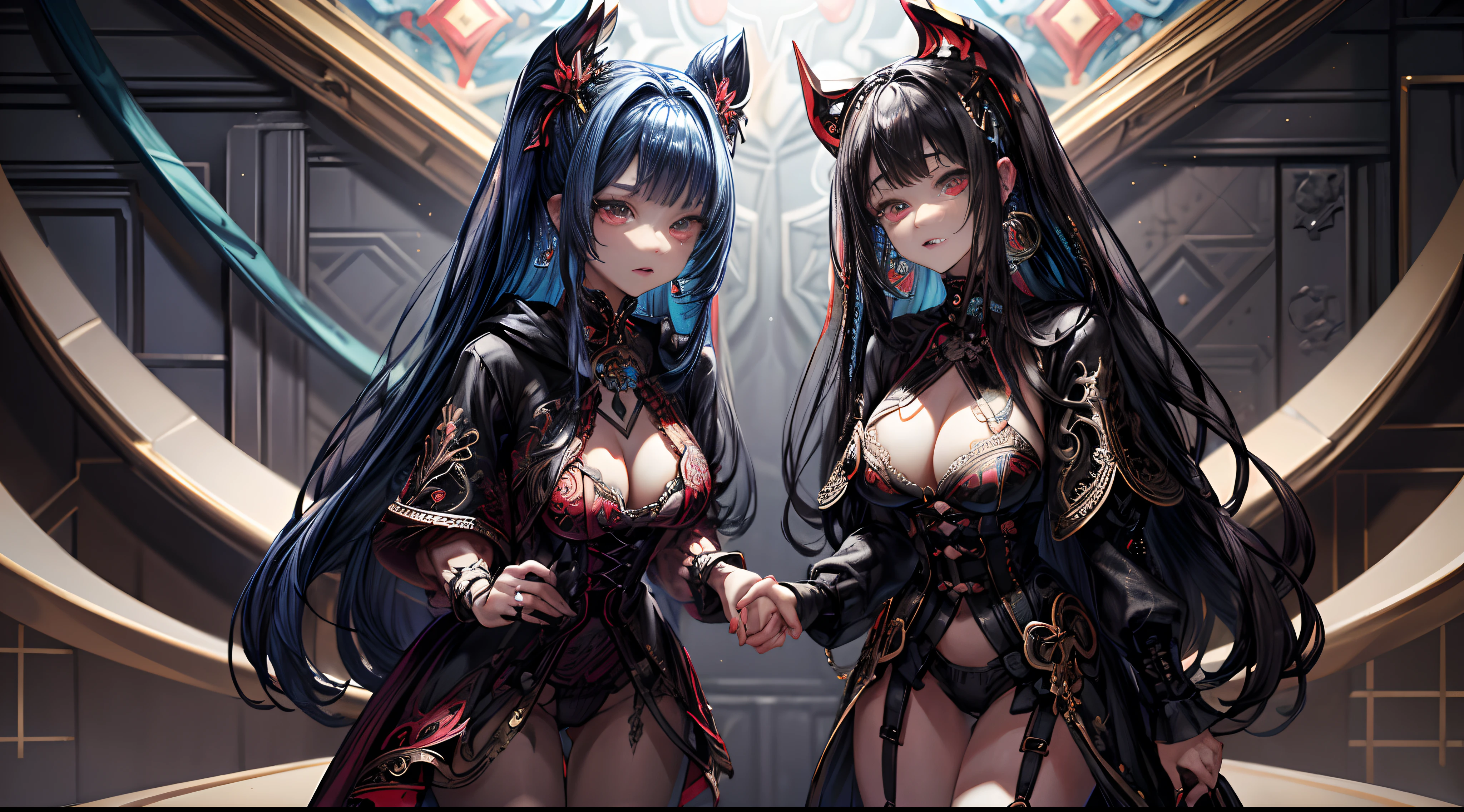 (Maximalism:1.5), (masterpiece), (best quality:1.1), (ultra-detailed:1.1), (an extremely delicate and beautiful), 2girls, holding hands with each other, twins, black hair, medium hair, glowing red eyes, black oversized hoodie, white oversized hoodie, choker, sparkling earrings in ears, large gear background, super high quality, super fine detail, super fine background, incredible So absurd,