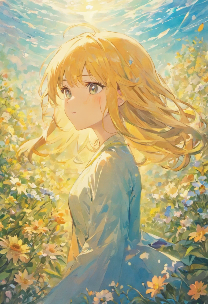 Imagine a stunning woman standing amidst a sea of wildflowers, with the warm sun shining down on her. Capture the full range of colors in her eyes and hair as she looks off into the distance
