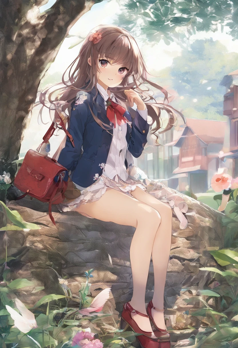 NSFW、fullnude、fullnude、hairlessness、Chest without bulge、Squat down with your thighs wide open、(Slight rough skin)、(cammel toe)、School route、Squatting in the grass、There is a tree behind you、8K,masterpiece,1girl in,realisitic,finely detail,Muchimuchi Elementary School Students、A detailed face、A detailed eye、Detailed lips、Semi-long hair、red school bag、fullnude、full body full shot、(low angles:1.2)、(skirt rift:1.2)、(Raise the skirt yourself)、Beautiful double、Crisp eyes、Thicker waist、wide thighhighs、Panties、m-legs