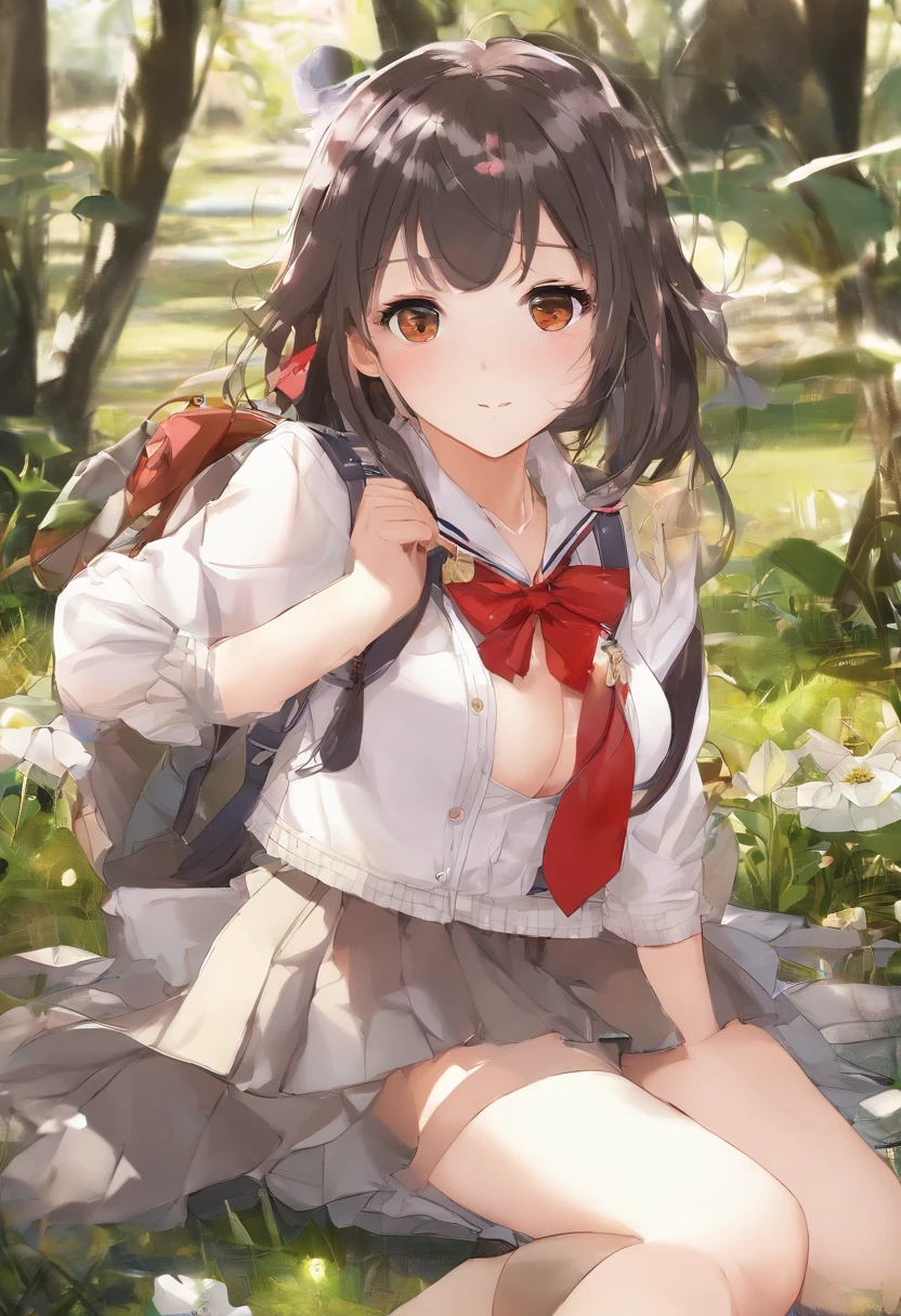 NSFW、fullnude、fullnude、hairlessness、Chest without bulge、Squat down with your thighs wide open、（Slight rough skin）、（cammel toe）、School route、Squatting in the grass、There is a tree behind you、8K,​masterpiece,1girl in,realisitic,finely detail,Muchimuchi Elementary School Students、A detailed face、A detailed eye、Detailed lips、Semi-long hair、red school bag、fullnude、full body full shot、（low angles:1.2）、（skirt rift:1.2）、（Raise the skirt yourself）、Beautiful double、Crisp eyes、Thicker waist、wide thighhighs、Panties、m-legs