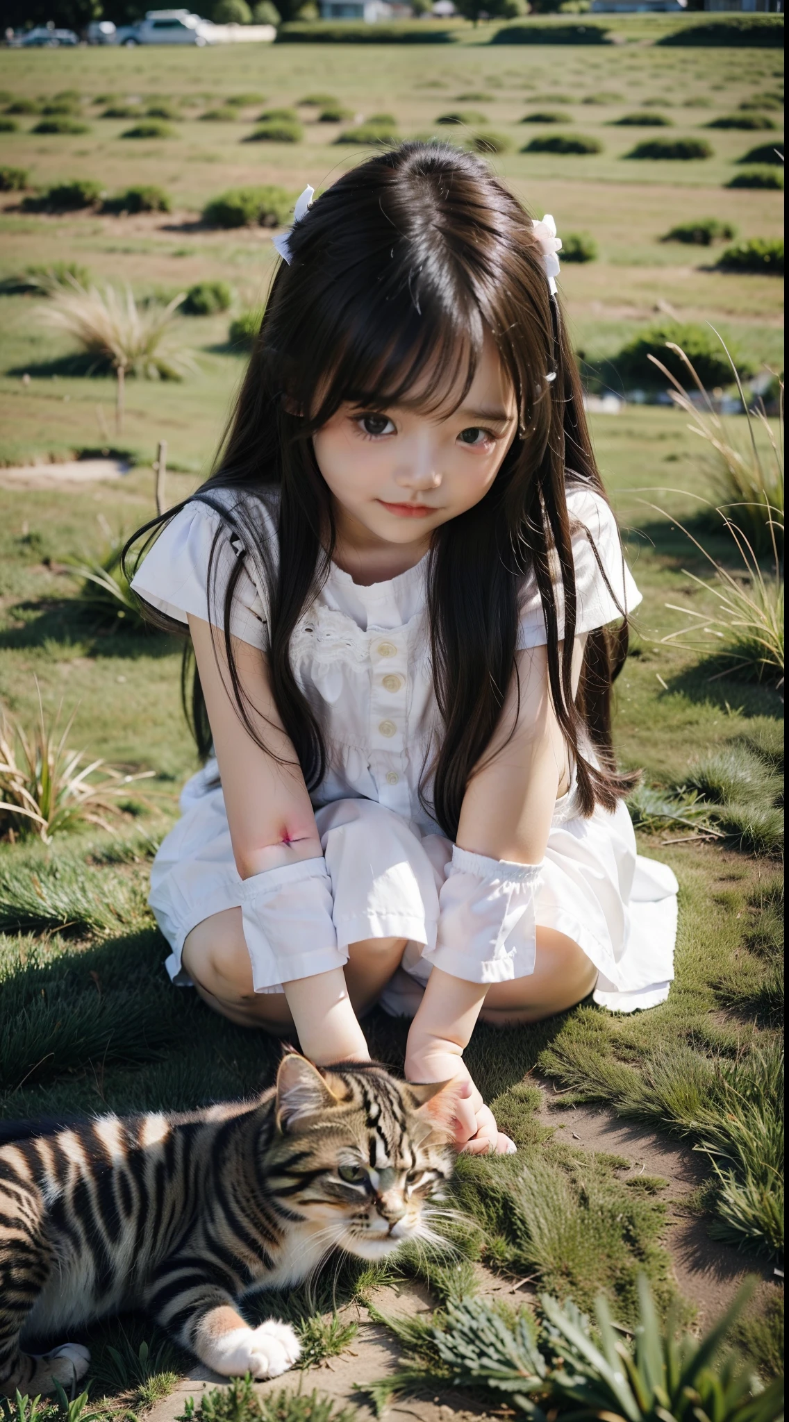 A little girl playing with a cat on the grass、A Siberian cat，Cute little girl s，grassy fields，early evening、，Photorealsitic，the detail