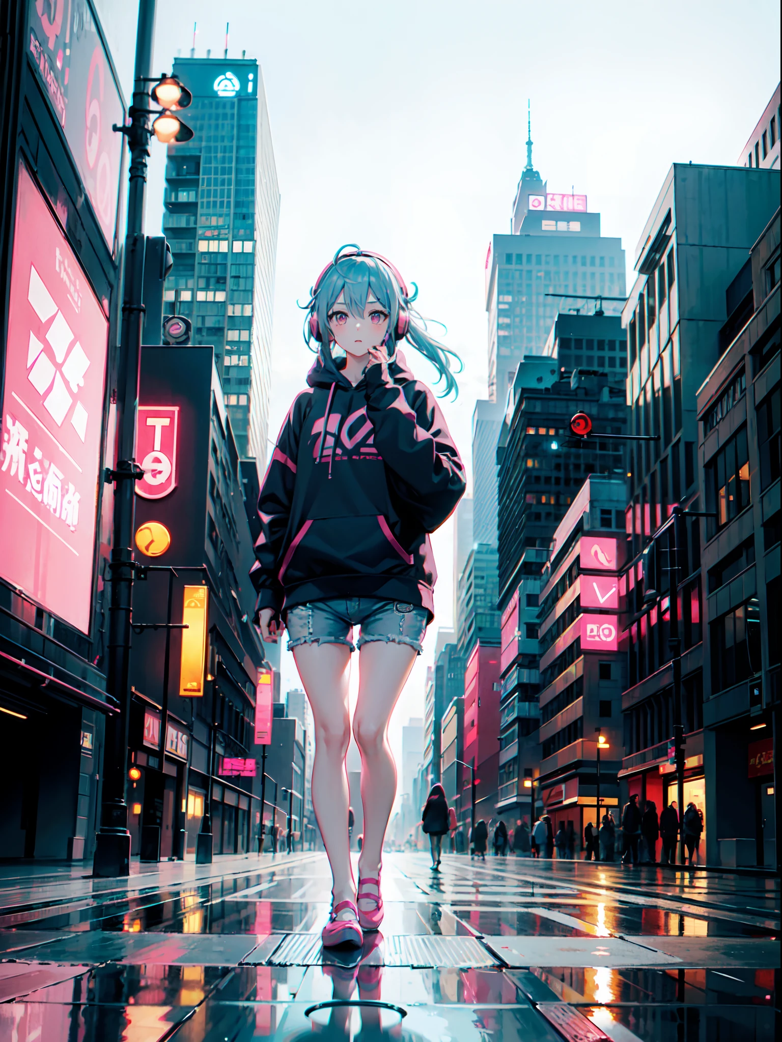 one girls, blue hairs, length hair, Pink eyes, Black hoodie, head phone, espadrilles, short pants, have smart-phone, big city, a lot of people々, Large buildings, daytime, hightquality, Top image quality, masterpiece,