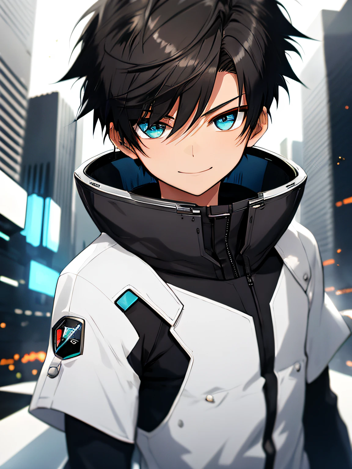 Spiky haircut, Spiky haircut, Spiky haircut, Spiky haircut, Spiky haircut, Spiky haircut, Spiky haircut, Spiky haircut, (masterpiece, Best quality), (depth of field: 1.2) Child's whole body, (9-year-old boy), teenager's face, big delicate eyes, cyan eyes, open eyes, smooth delicate skin, small square face, friendly expression, childhood, smile, early age, short round face, flat chin, finely detailed face, slender body, jet black hair, Spiky haircut, sunlight, vivid color, (depth of field: 1.2 ) smooth bottom, boy, Light skin. Night futuristic city, ((Space city)) fine and expensive clothes. Futuristic long sleeve shirt, bodysuit, black and white skinny shirt, tight clothing.