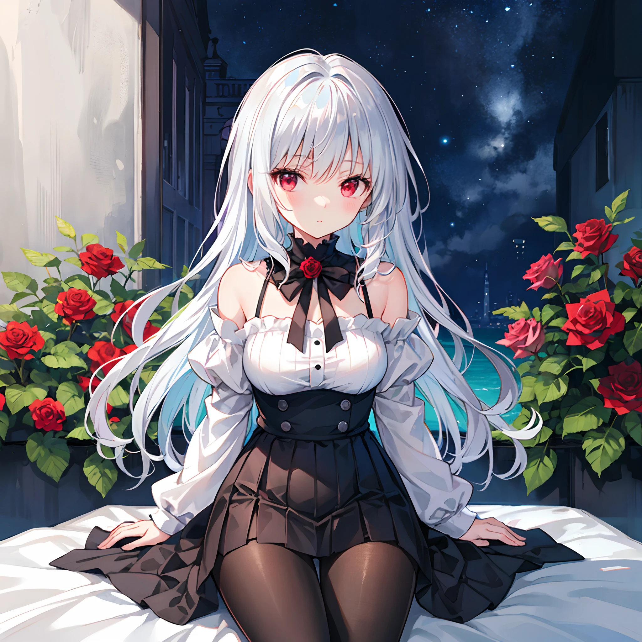 wavy silver hair、red eyes、Beautiful girl alone、Light blue dress、off shoulders、a miniskirt、Black tights、sitting on、rose garden