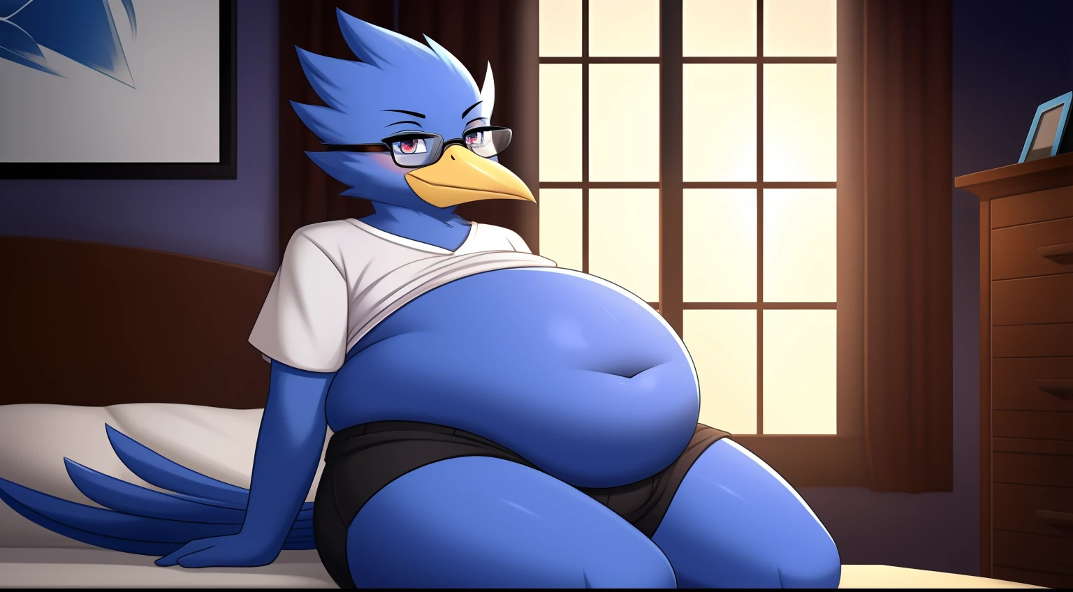 Berdly from Deltarune, solo, professional art made by twistedscarlett60, glasses, male, avian, bird, blue body, blue feathers, looking at you, pretty face, cute eyes, frown, white shirt, short sleeves, black shorts, shorts, indoors, night, windows, shirt pull, belly button, fat, overweight, chubby, obese, sitting, huge belly, thick thighs, wide hips, mad, pouting