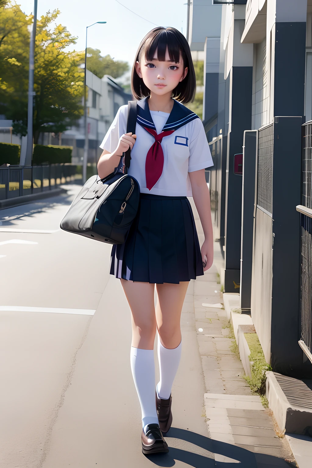 A girl,Carrying a school bag,Wear a sailor school uniform,Walk towards the school gate