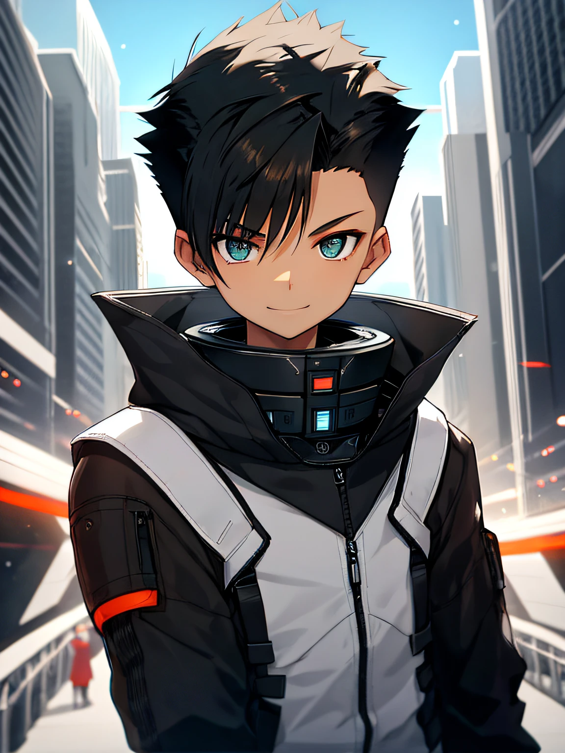 Spiky haircut, Spiky haircut, Spiky haircut, Spiky haircut, Spiky haircut, Spiky haircut, Spiky haircut, Spiky haircut, (masterpiece, Best quality), (depth of field: 1.2) 's whole body, (9-year-boy),enager's face, big delicate eyes, cyan eyes, open eyes, smooth delicate skin, small square face, friendly expression, childhood, smile, early age, short round face, flat chin, finely detailed face, slender body, jet black hair, Spiky haircut, sunlight, vivid color, (depth of field: 1.2 ) smooth bottom, boy, Light skin. Night futuristic city, ((Space city)) fine and expensive clothes. Futuristic long sleeve shirt, bodysuit, black and white skinny shirt, tight clothing.