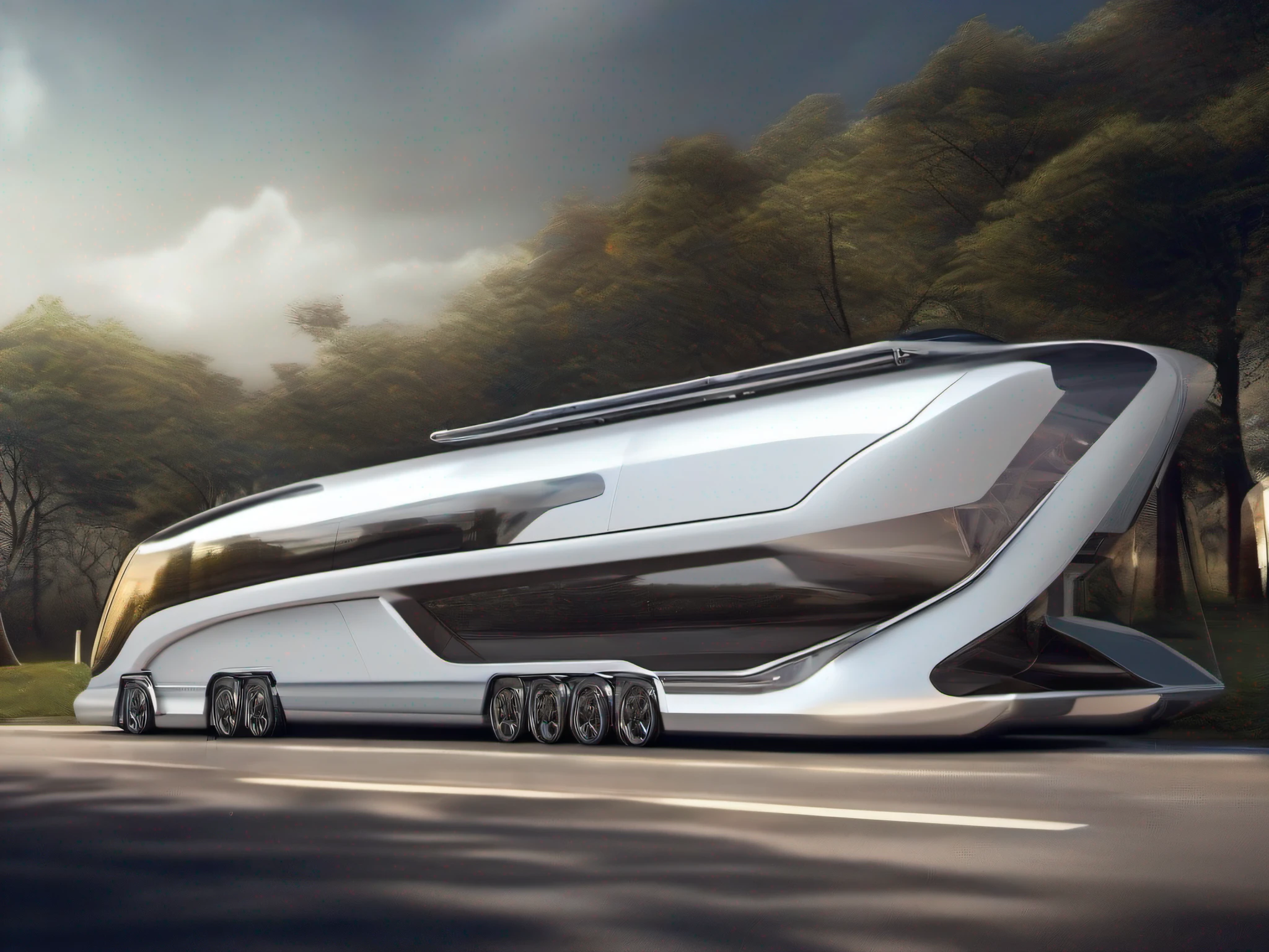 Imagine an image of an NFT depicting a futuristic towing vehicle with an impressive clarity of detail. Every aspect of this image has been meticulously designed to convey the feeling of innovation and advanced technology.

no centro da imagem, We have our own trailer vehicle, with aerodynamic design and futuristic lines. Its structure is full of modern elements, as shiny surfaces, LED panels and panoramic windows. Cada detalhe, from angular contours to gleaming metallic finishes, is carefully designed to convey a sense of high technology and sophistication.

The front of the trailer is adorned with futuristic LED headlights, que emanam uma luz brilhante e intensa. The front grille is composed of elegant geometric lines, that perfectly match the overall style of the vehicle. The windows are large and panoramic, allowing an unobstructed view of the surrounding environment.

The sides of the trailer are decorated with futuristic details, as integrated solar panels, that provide sustainable energy for the vehicle. Sculpted lines and smooth curves give a touch of elegance and modernity. Detalhes adicionais, como portas deslizantes inteligentes e sensores de movimento, are incorporated to emphasize the advanced functionality of the trailer.

The rear of the vehicle is equipped with an electronic opening, revealing a large and luxurious interior space. The interior is designed with meticulous attention to detail, com acabamentos em materiais de alta qualidade, customizable ambient lighting and advanced entertainment and automation technologies.

The scenery around the trailer is equally impressive, with a futuristic landscape that complements the vehicle's styling. gleaming skyscrapers, High roads and flying vehicles add a sense of dynamism and progress.