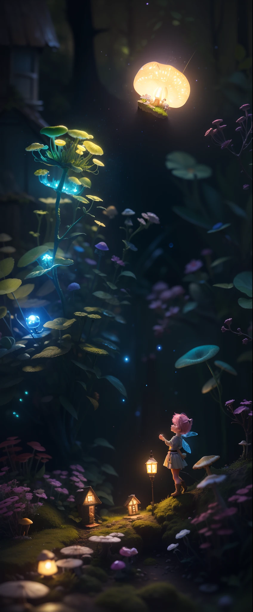 A cute tiny pixie proudly facing the camera standing outside his tiny house made of sunlight and mushrooms, illuminated by a magical bioluminescent glow, seen from a 8k photorealistic angle, with a whimsical fairy tale atmosphere, a van Gogh-like mossy texture, and a Da Vinci-style Impasto, as if painted by a masterful brush. pinks