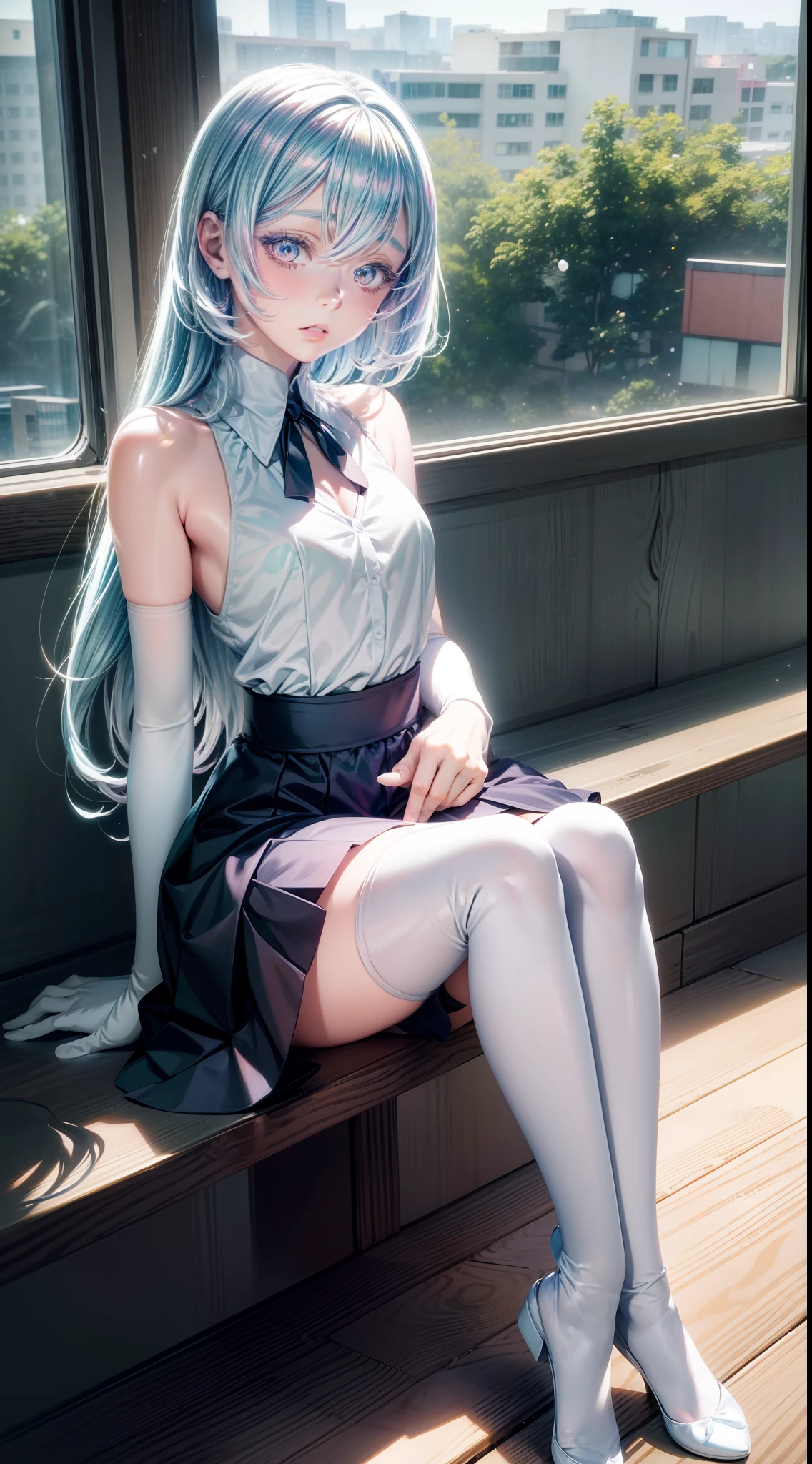 :0,Anime girl sitting on windowsill holding vibrator, Beautiful anime girl squat, seductive anime girls, Anime moe art style, (animemanga girl), animemanga girl, attractive anime girls, 4k manga wallpapers, 4K anime style, beautiful high school anime girl, Cute anime girls, Realistic anime art, ilya kuvshinov with long hair, Beautiful anime girls,Diamond, Pale light blue hair, Multicolored eyes，Girl in white mid-length stockings