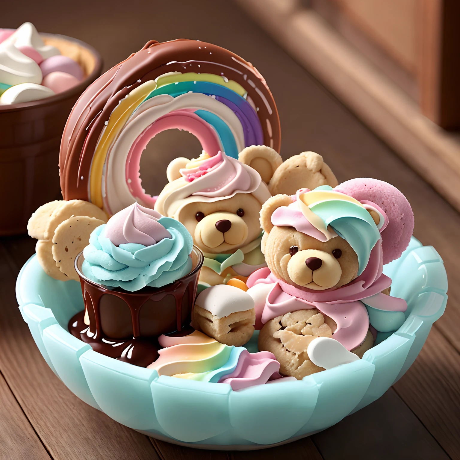 In a clear glass bowl,There is a rainbow-colored ice cream shaped like a teddy bear,There is also a small amount of chocolate sauce in a glass bowl,Marshmallows and cookies