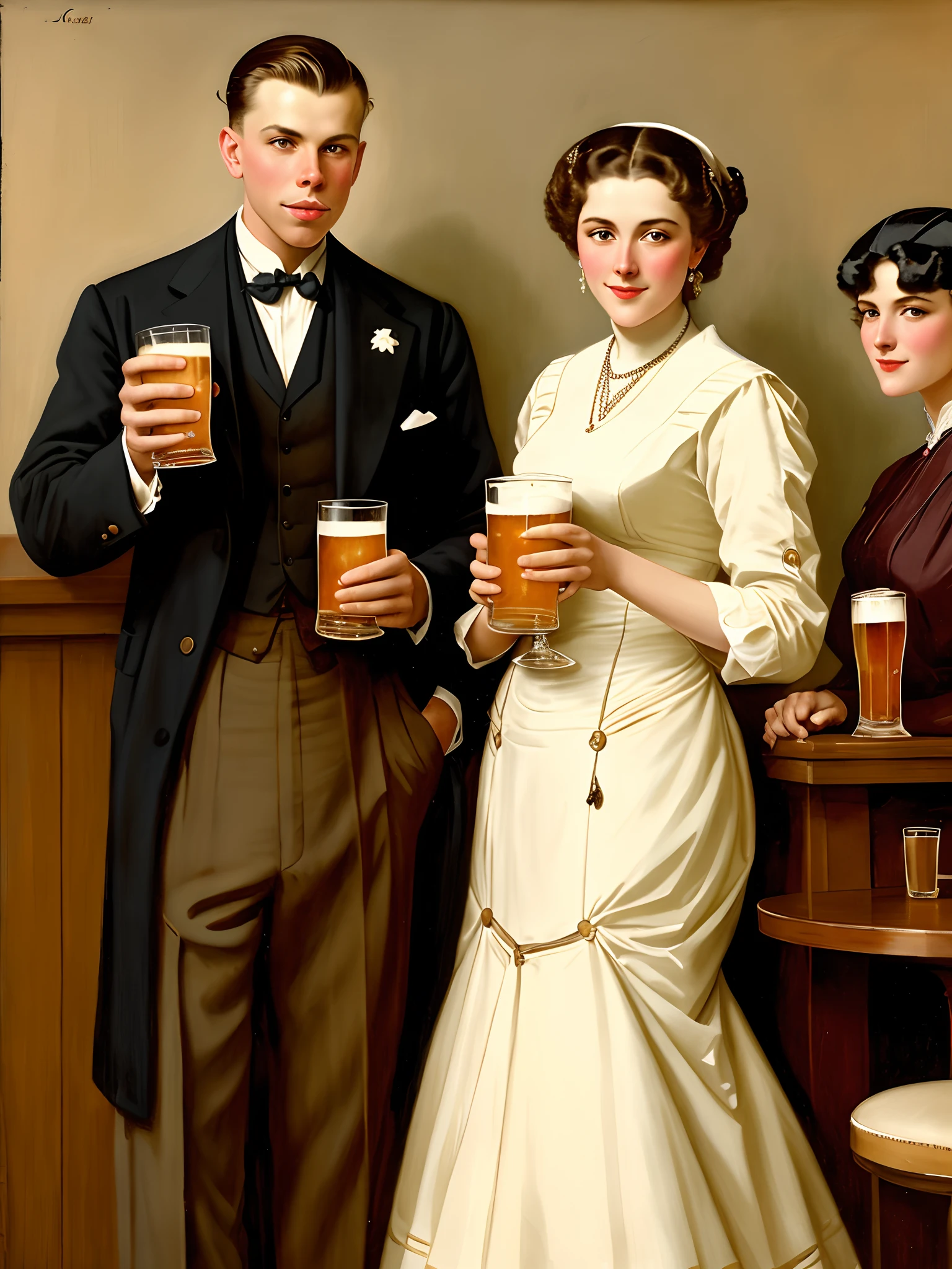 a painting of a man and a woman dressed in old fashioned clothing and holding drinks beer by J.C. Leyendecker