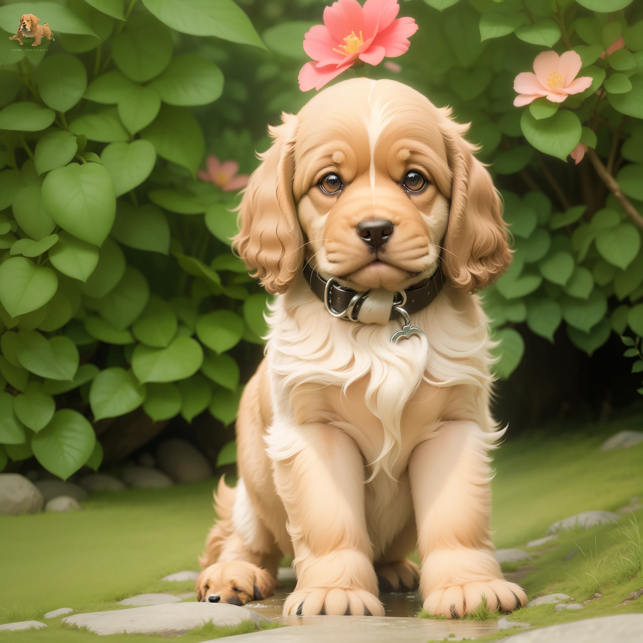 image of a Cocker Spaniel puppy, no image borders,  rock, forest, creek, background, 8k resolution