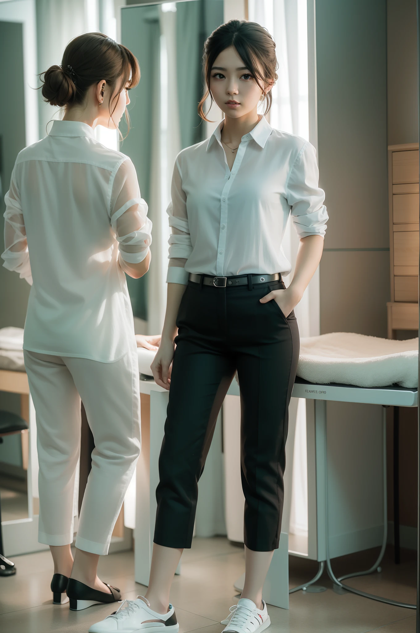 Work in a beauty salon、femele、short-cut、White shirt、Black Pantaloons、Back lighting、Looking at the camera