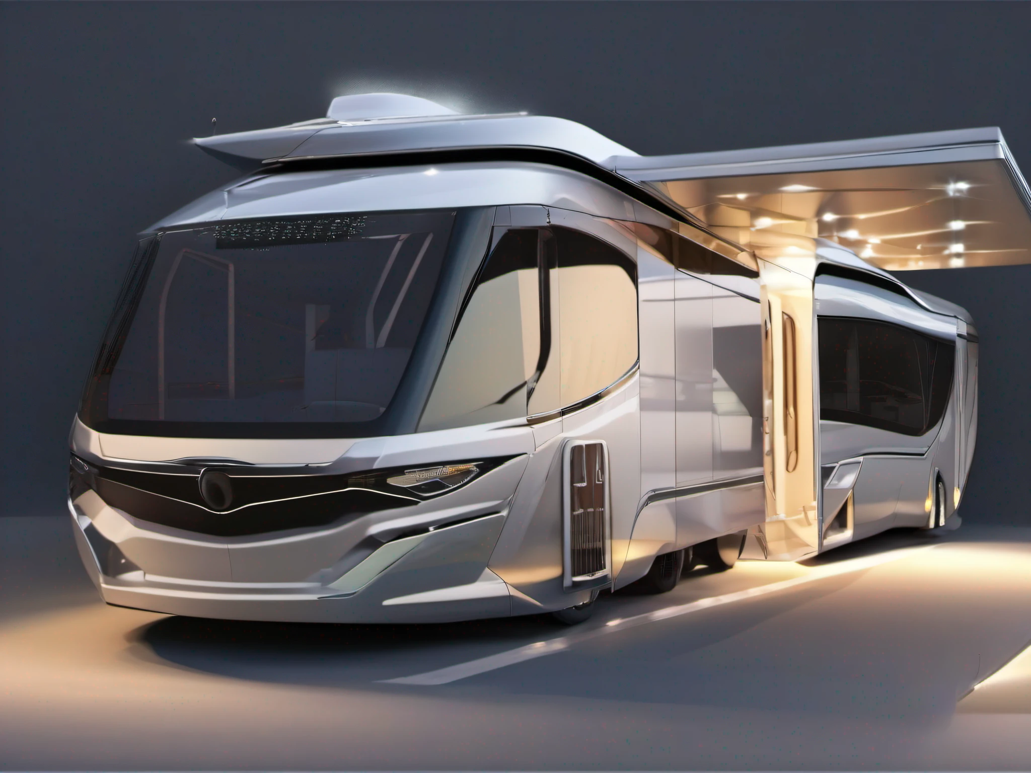 Imagine an image of an NFT depicting a futuristic towing vehicle with an impressive clarity of detail. Every aspect of this image has been meticulously designed to convey the feeling of innovation and advanced technology.

no centro da imagem, We have our own towing vehicle, with aerodynamic design and futuristic lines. Its structure is full of modern elements, as shiny surfaces, LED panels and panoramic windows. Cada detalhe, from angular contours to gleaming metallic finishes, is carefully designed to convey a sense of high technology and sophistication.

The front of the trailer is adorned with futuristic LED headlights, que emanam uma luz brilhante e intensa. The front grille is composed of elegant geometric lines, that perfectly match the overall style of the vehicle. The windows are large and panoramic, allowing an unobstructed view of the surrounding environment.

The sides of the trailer are decorated with futuristic details, as integrated solar panels, that provide sustainable energy for the vehicle. Sculpted lines and smooth curves give a touch of elegance and modernity. Detalhes adicionais, como portas deslizantes inteligentes e sensores de movimento, are incorporated to emphasize the advanced functionality of the trailer.

The rear of the vehicle is equipped with an electronic opening, revealing a large and luxurious interior space. The interior is designed with meticulous attention to detail, com acabamentos em materiais de alta qualidade, customizable ambient lighting and advanced entertainment and automation technologies.

The scenery around the trailer is equally impressive, with a futuristic landscape that complements the vehicle's styling. gleaming skyscrapers, High roads and flying vehicles add a sense of dynamism and progress.
