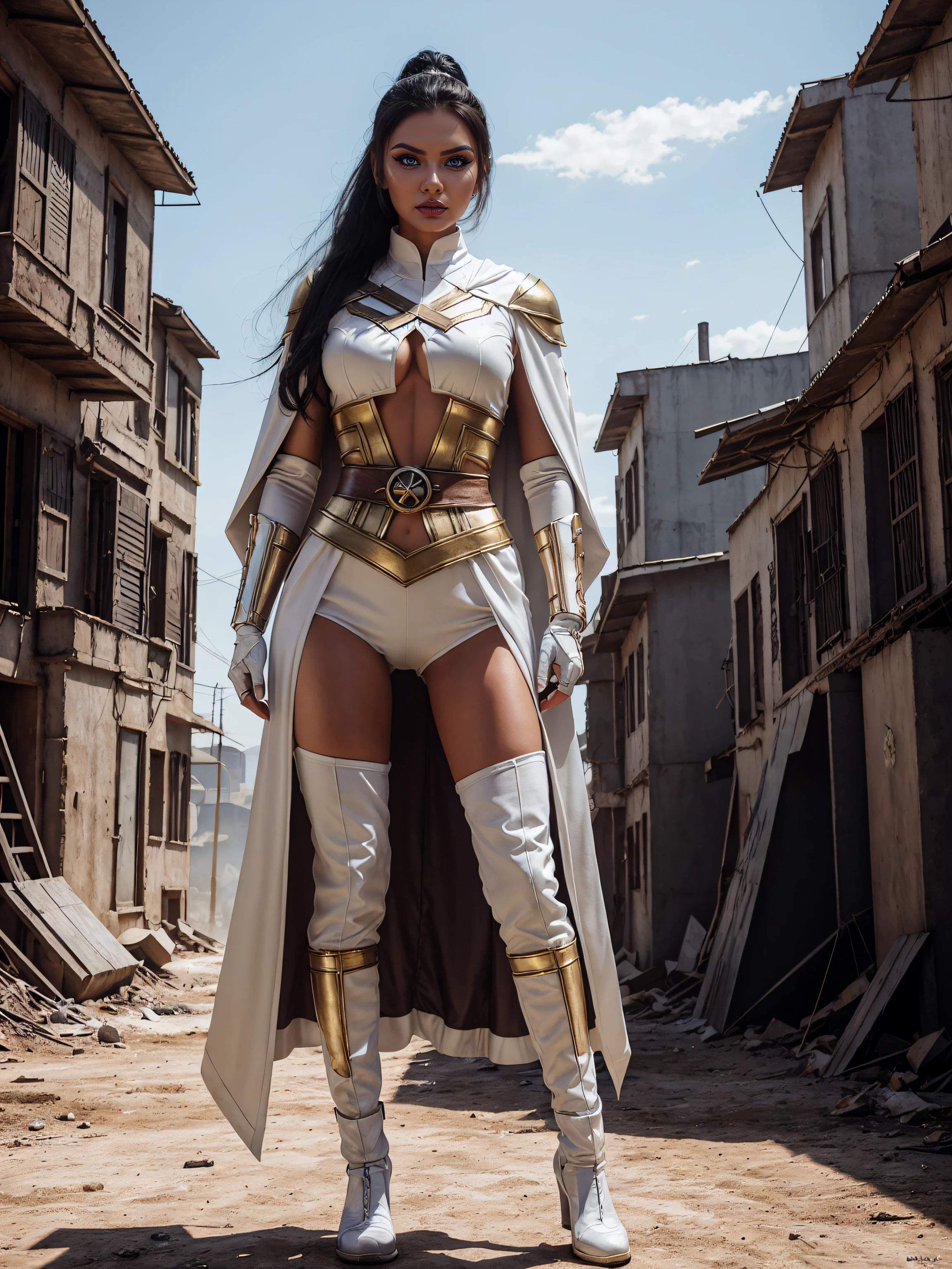 sveta bilyalova is mortal kombat character, wearing the superhero costume with cape ((traje com tons branco e dourado)), posing for a photo in a post-apocalyptic setting, hands on her waist, (fotografia), (perfect hand), (insanely perfect eye), (insanely detailed face)