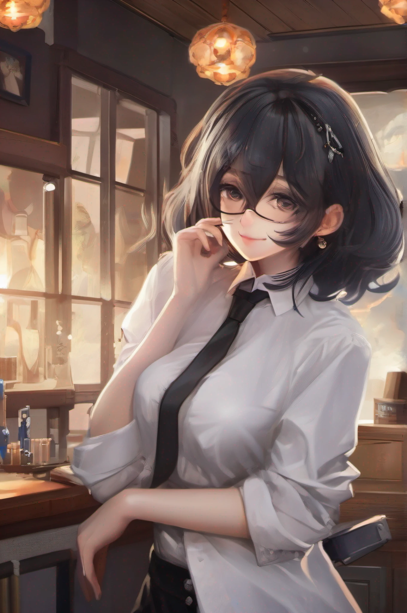 Work in a beauty salon、Have fun、femele、short-cut、White shirt、Black Pantaloons、Back lighting、Looking at the camera