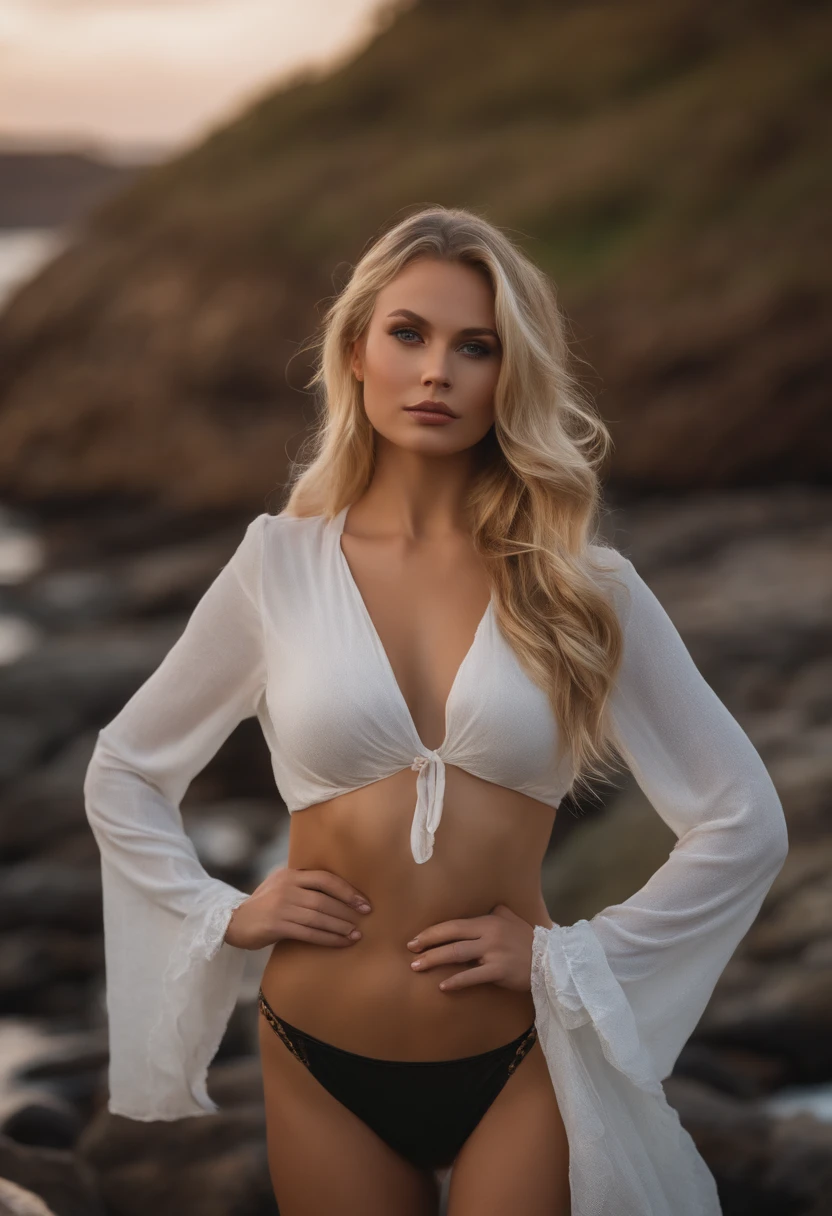photography of a stunning girl nsfw standing (((very heavy bust))), wavy blonde hair, sitting on rocks, beside the beach, looks into the camera, symmetrical eyes, symmetrical face, photorealistic, photography, specular lighting, volumetric face light, path traced hair, visible shadows, intricate, elaborate,