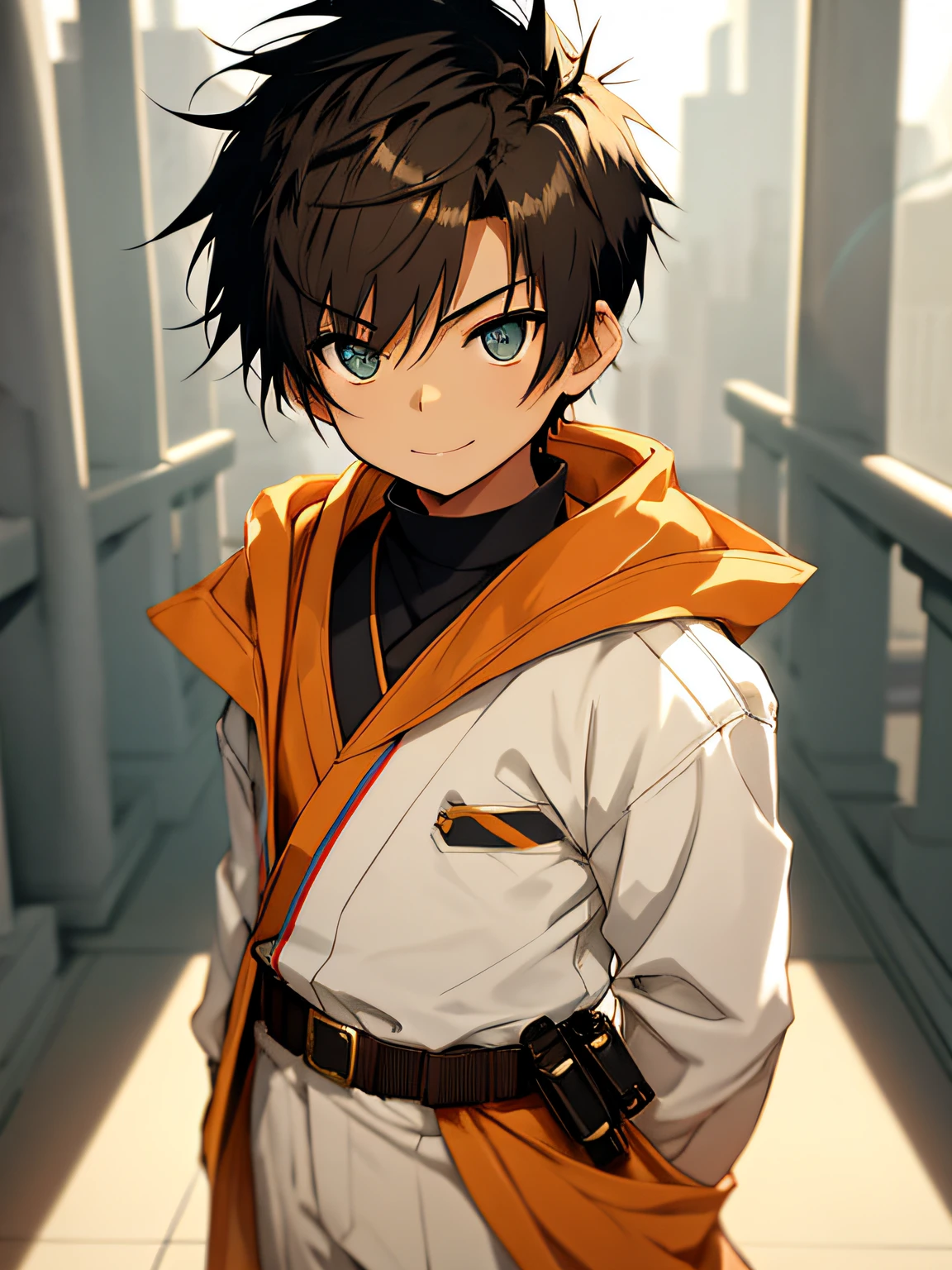 Spiky haircut, Spiky haircut, Spiky haircut, Spiky haircut, Spiky haircut, Spiky haircut, Spiky haircut, Spiky haircut, (masterpiece, Best quality), (depth of field: 1.2) Child's whole body, (9-year-old boy), teenager's face, big delicate eyes, cyan eyes, open eyes, smooth delicate skin, small square face, friendly expression, childhood, smile, early age, short round face, flat chin, finely detailed face, slender body, jet black hair, Spiky haircut, sunlight, vivid color, (depth of field: 1.2 ) smooth bottom, boy, Light skin. Majestic Jedi Temple, Jedi-style baggy brown pants and light brown cloth belt. Jedi robe, bronze-colored lightsaber, space bodysuit.