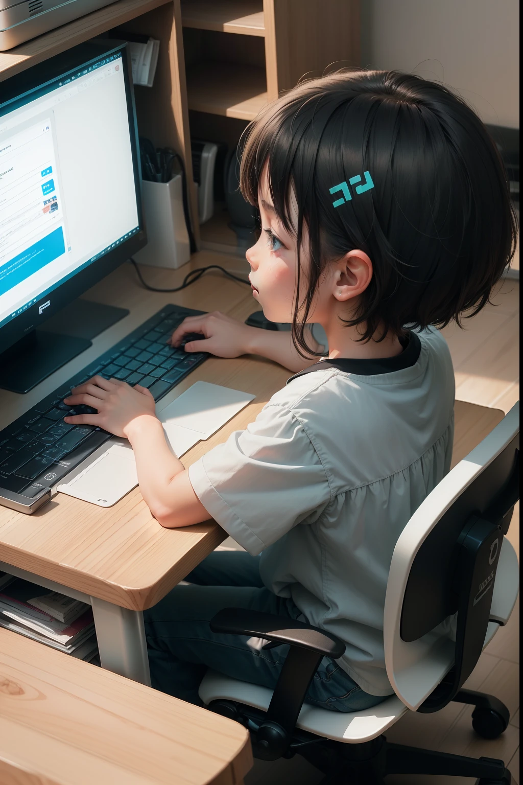 The computer screen is placed vertically，No need to show what's in the computer，A  sits in front of a computer screen，There are physical chessboards