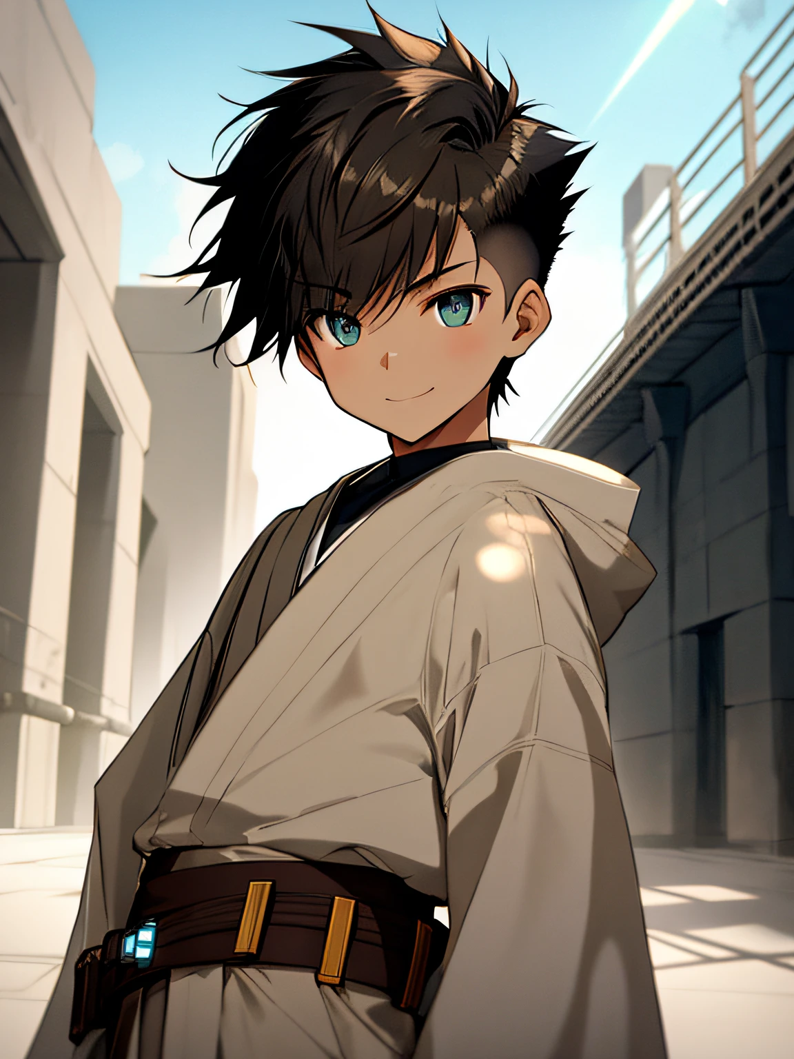 Spiky haircut, Spiky haircut, Spiky haircut, Spiky haircut, Spiky haircut, Spiky haircut, Spiky haircut, Spiky haircut, (masterpiece, Best quality), (depth of field: 1.2) Child's whole body, (9-year-old boy), teenager's face, big delicate eyes, cyan eyes, open eyes, smooth delicate skin, small square face, friendly expression, childhood, smile, early age, short round face, flat chin, finely detailed face, slender body, jet black hair, Spiky haircut, sunlight, vivid color, (depth of field: 1.2 ) smooth bottom, boy, Light skin. Majestic Jedi Temple, Jedi-style baggy brown pants and light brown cloth belt. Jedi robe, bronze-colored lightsaber, space bodysuit.