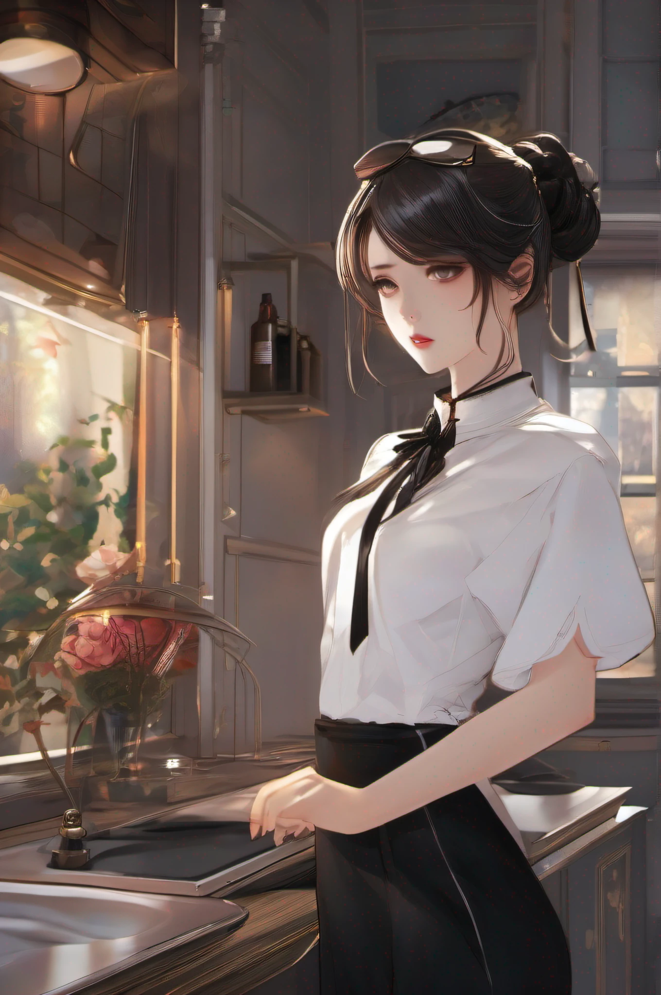 Work in a beauty salon、femele、short-cut、White shirt、Black Pantaloons、Back lighting、Looking at the camera
