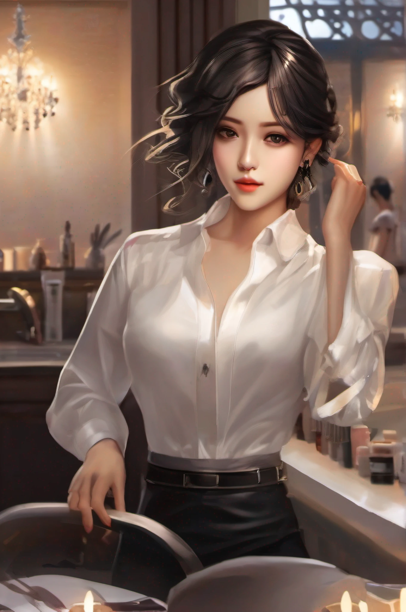Work in a beauty salon、femele、short-cut、White shirt、Black Pantaloons、Back lighting、Looking at the camera