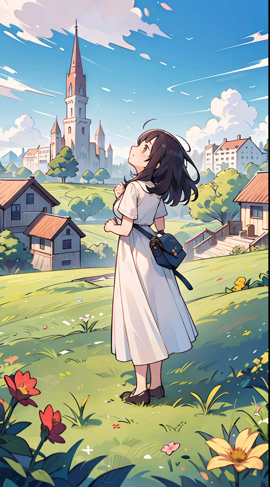 Vast landscape photos、Rear view、Girl standing up and looking up at the sky、​​clouds、Buildings、countryside、Girl in white long dress