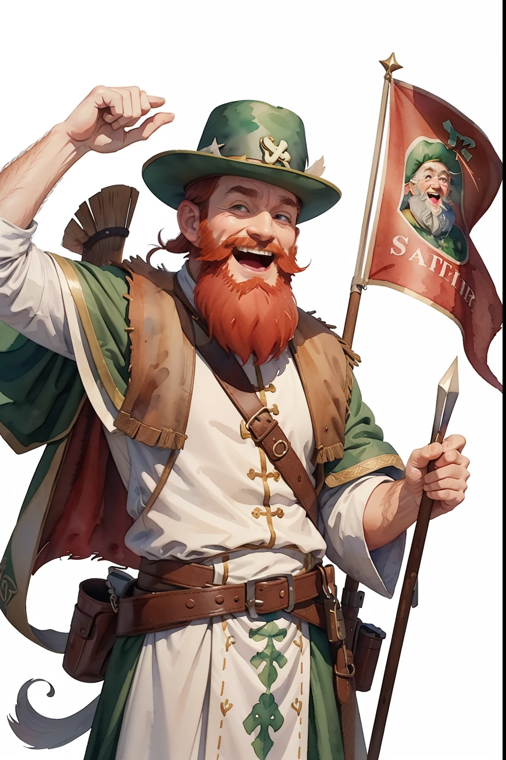 watercolor, old saint patrick of ireland wear his iconic hat, red beard, spreading a long white banner with two hands, cartoon illustration, smile, 16k, white background