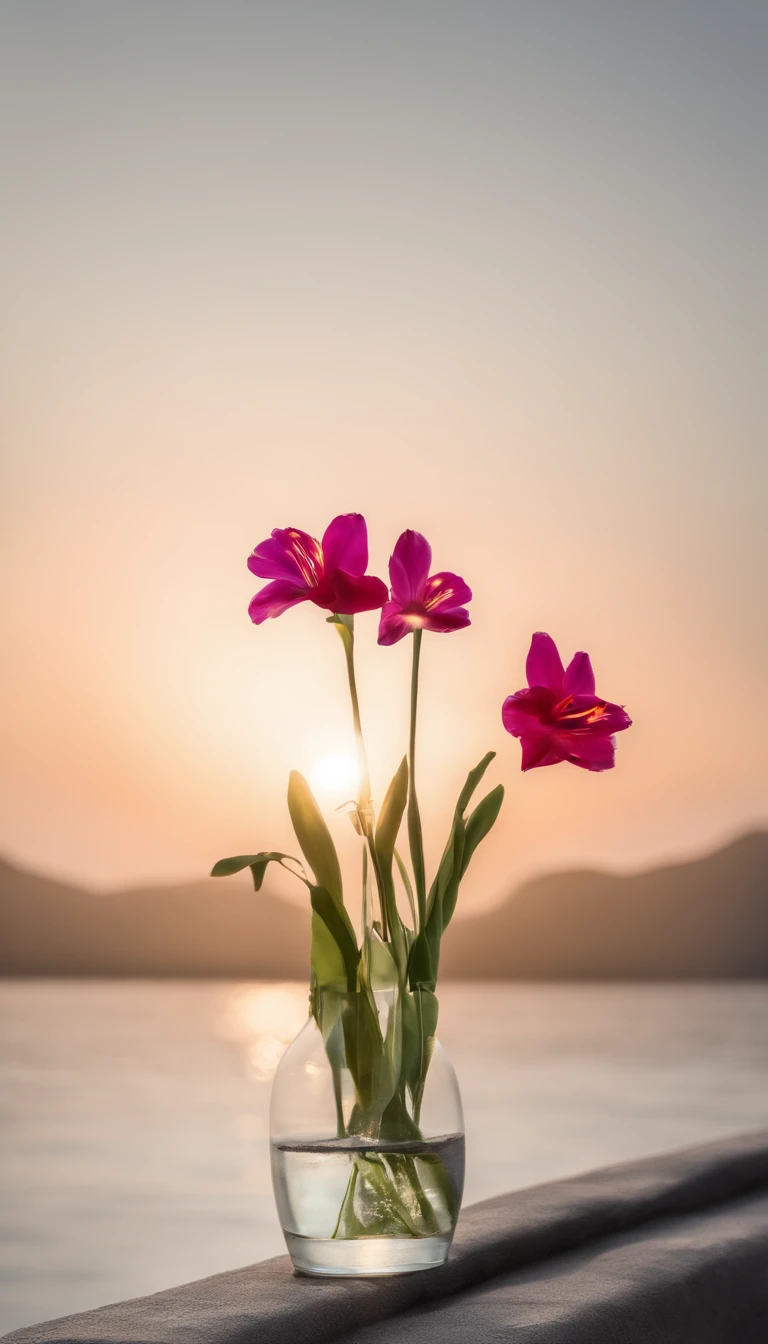 paisagem natural com muitas flores coloridas, um rio e o sol nascendo.